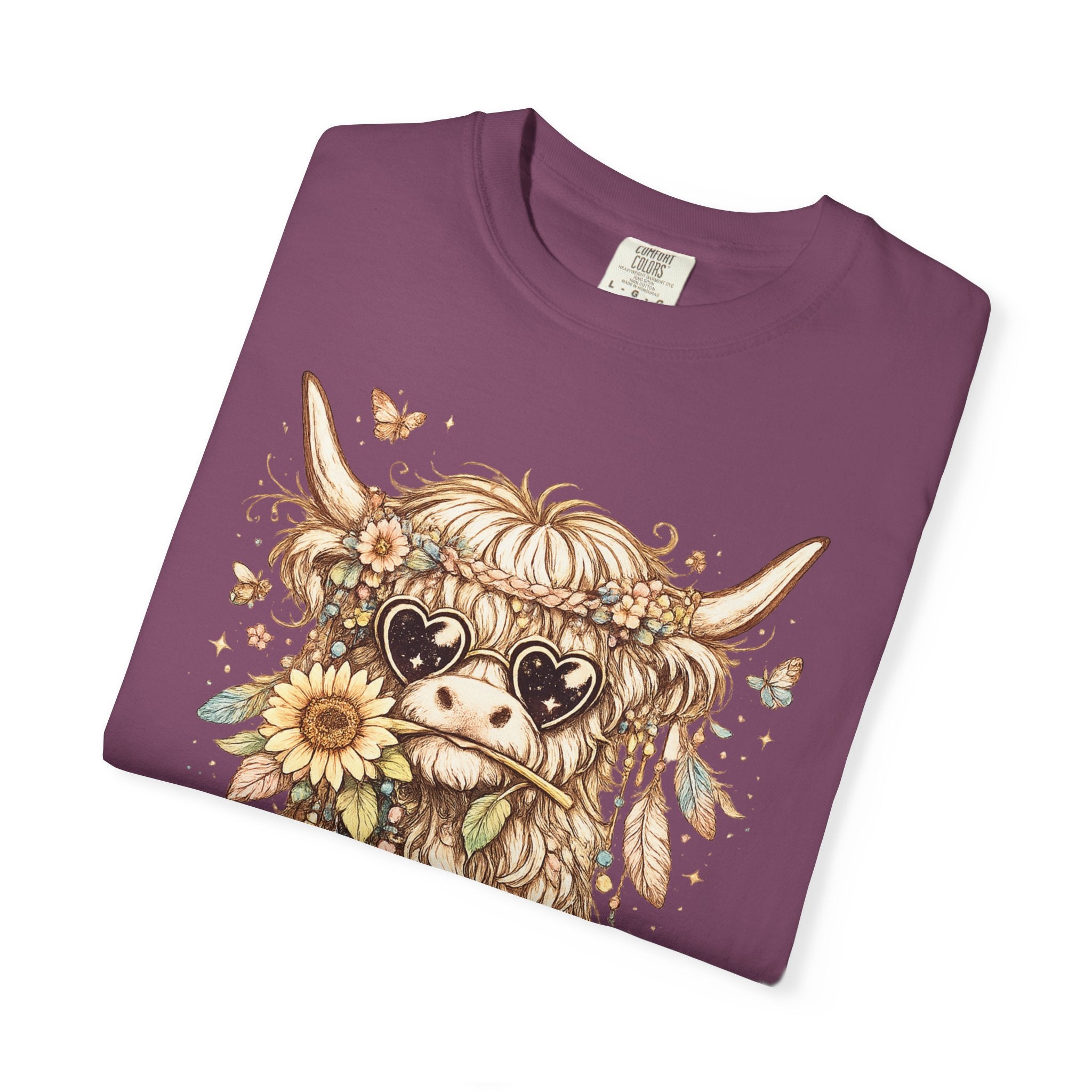 Highland Cow Floral T‑Shirt — Sunflower Boho Highland Cattle Tee