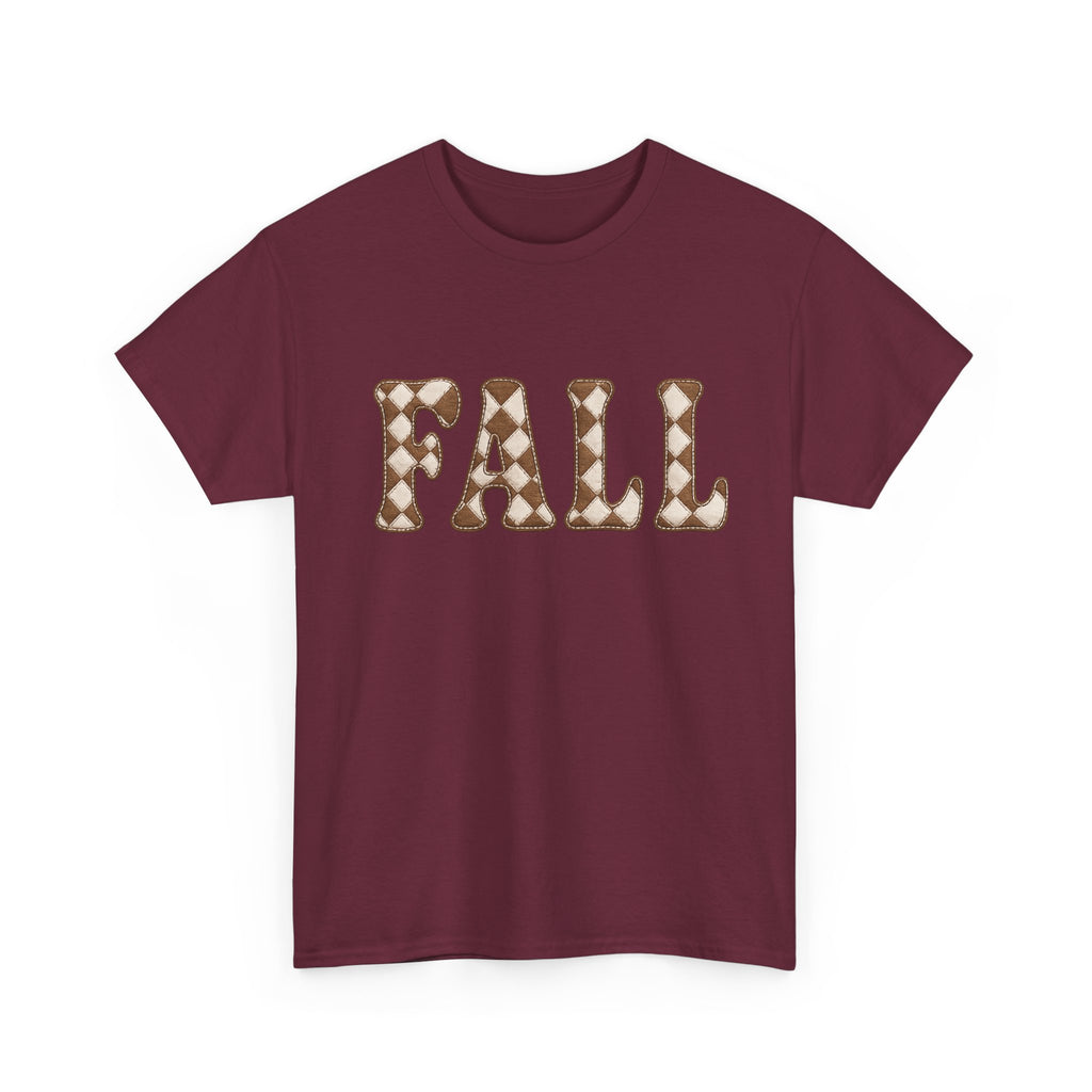 Fall Pumpkin Pattern T-Shirt — Cozy Autumn Tee with 'FALL' Lettering