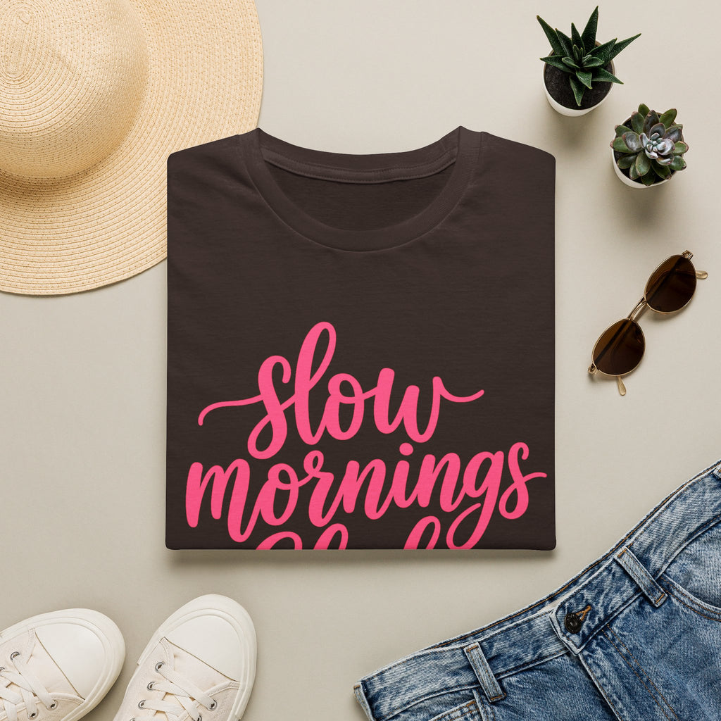 Slow Mornings Club Tee — Relaxed Graphic T-Shirt with Pink Script