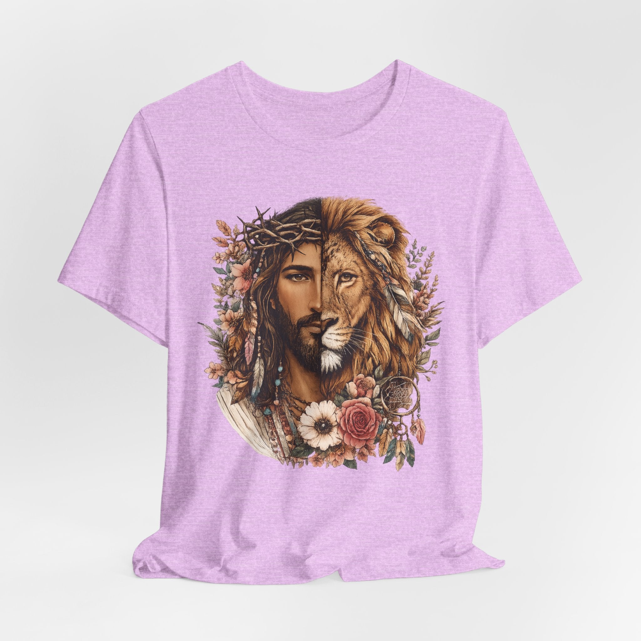 Lion and Woman Floral Portrait Tee — Spiritual Boho Graphic T-Shirt