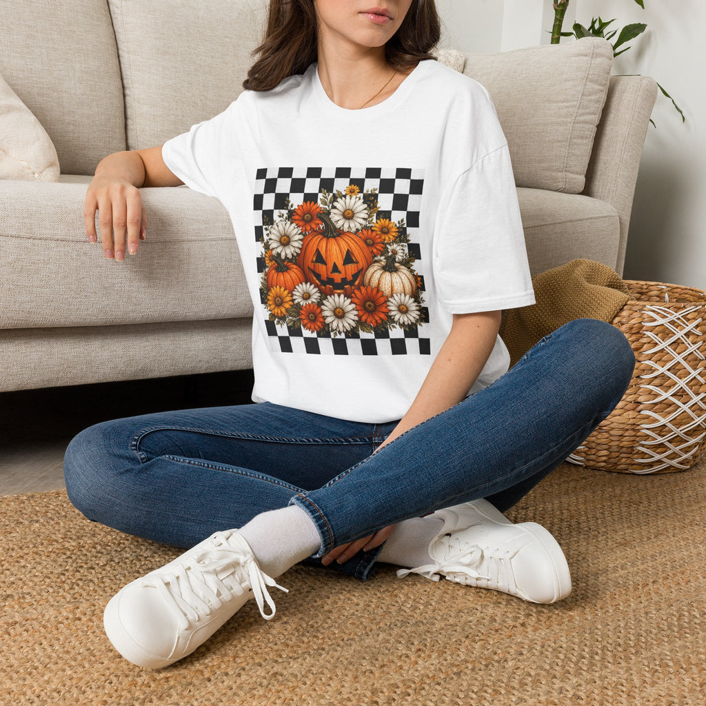 Halloween Pumpkin Floral T-Shirt — Checkerboard Jack-O'-Lantern Design