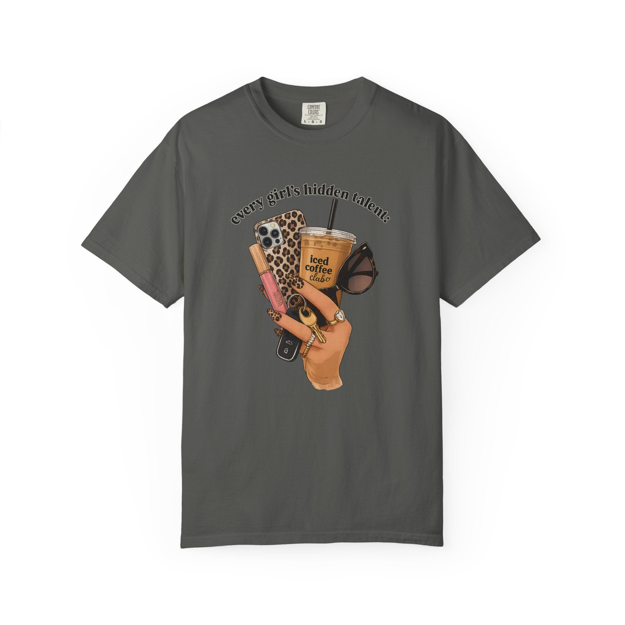T-Shirt — Every Girl’s Hidden Talents Graphic Tee (coffee, makeup, phone, sunglasses)