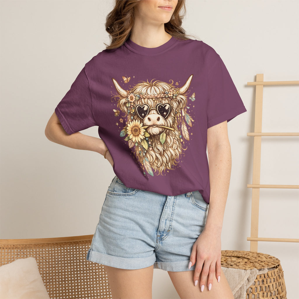 Highland Cow Floral T‑Shirt — Sunflower Boho Highland Cattle Tee
