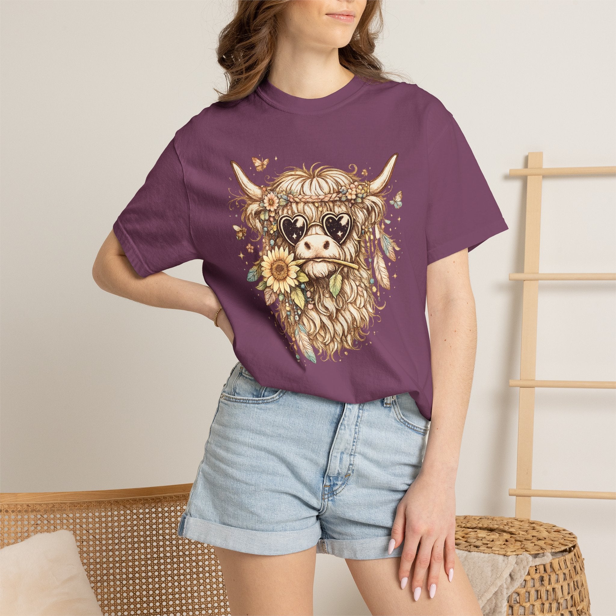Highland Cow Floral T‑Shirt — Sunflower Boho Highland Cattle Tee