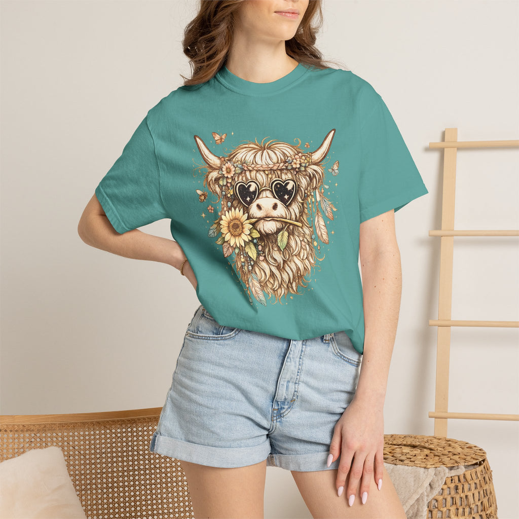 Highland Cow Floral T‑Shirt — Sunflower Boho Highland Cattle Tee