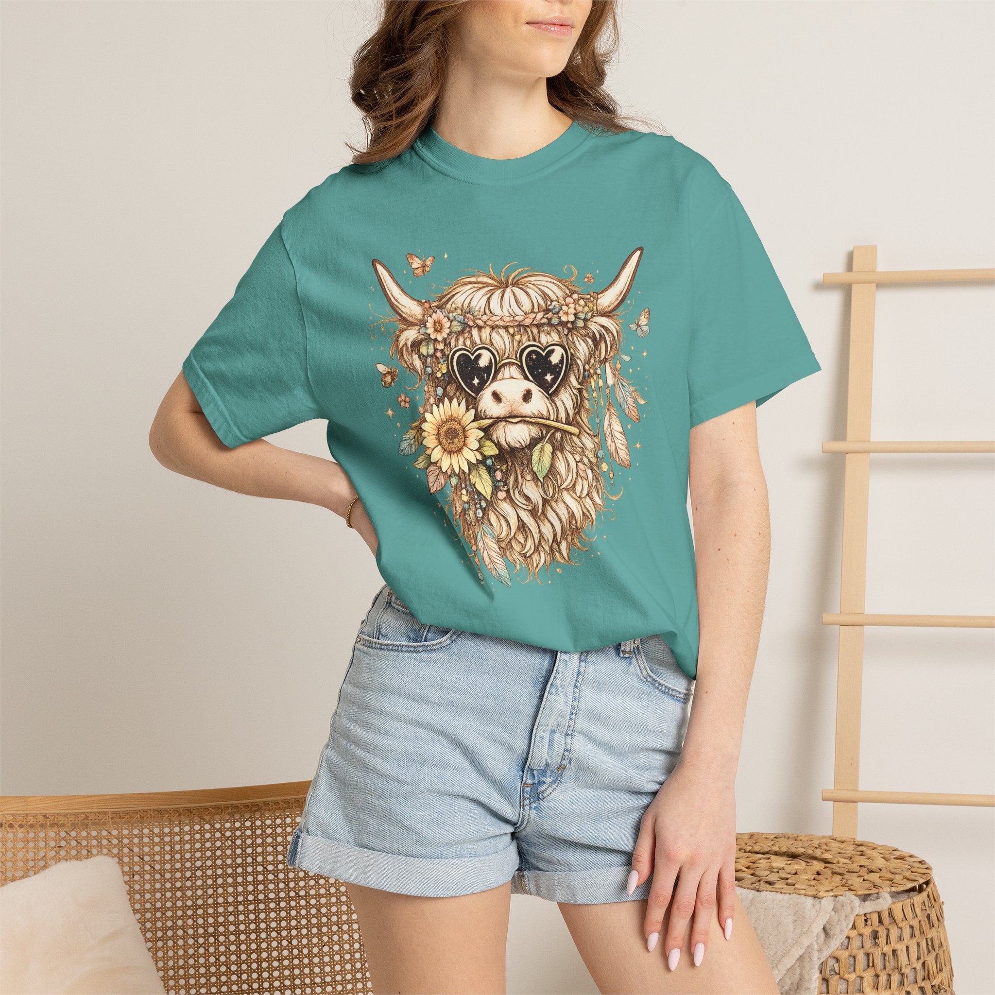 Highland Cow Floral T‑Shirt — Sunflower Boho Highland Cattle Tee
