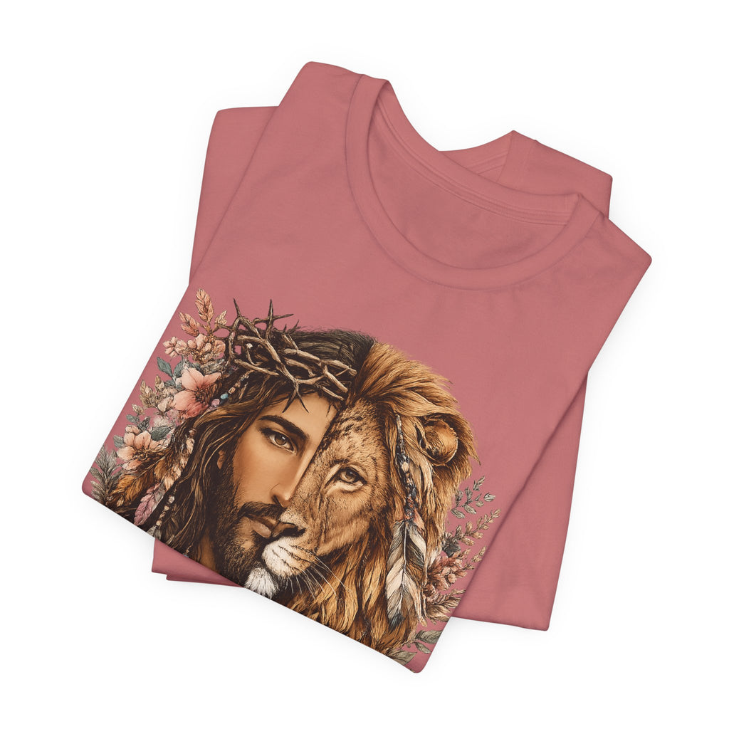 Lion and Woman Floral Portrait Tee — Spiritual Boho Graphic T-Shirt