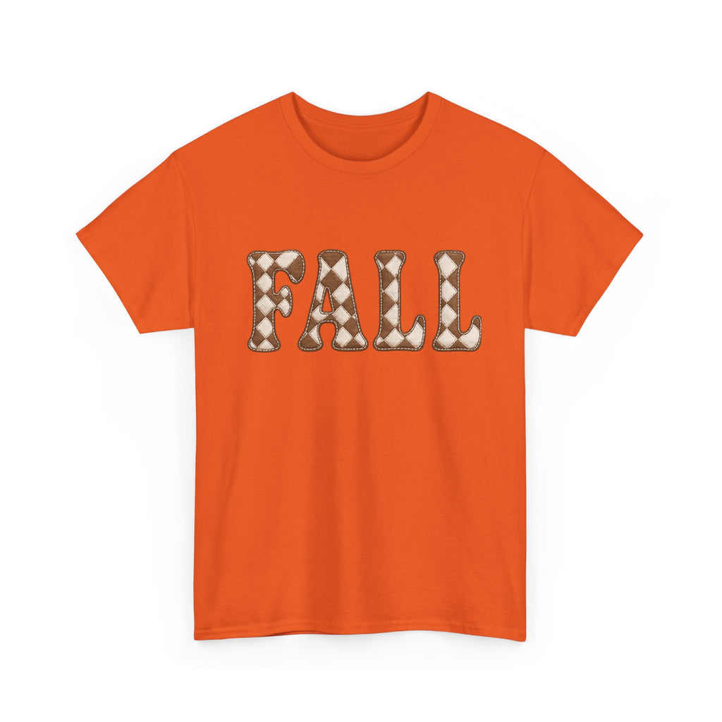 Fall Pumpkin Pattern T-Shirt — Cozy Autumn Tee with 'FALL' Lettering