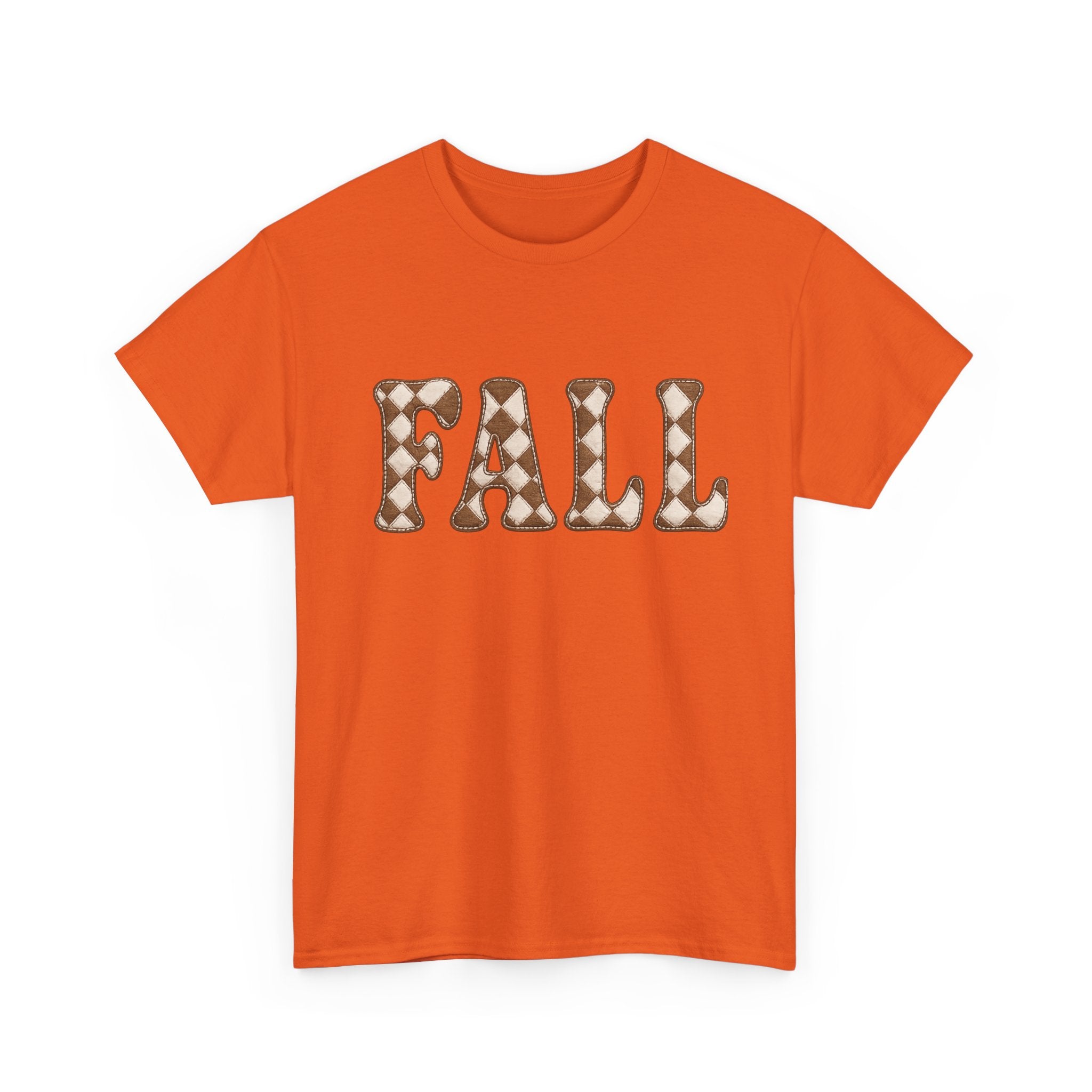 Fall Pumpkin Pattern T-Shirt — Cozy Autumn Tee with 'FALL' Lettering