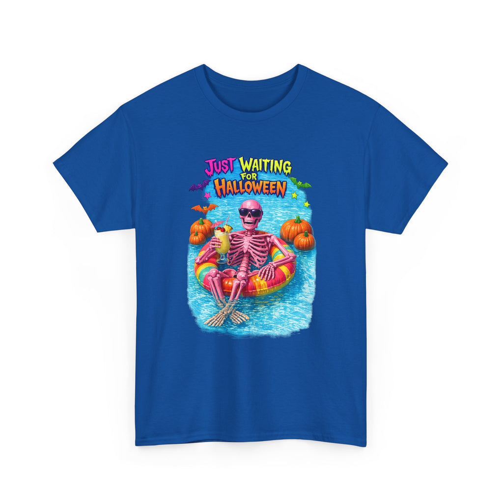 Halloween Skeleton Tee — "Just Waiting for Halloween" Pool Float Graphic T-Shirt