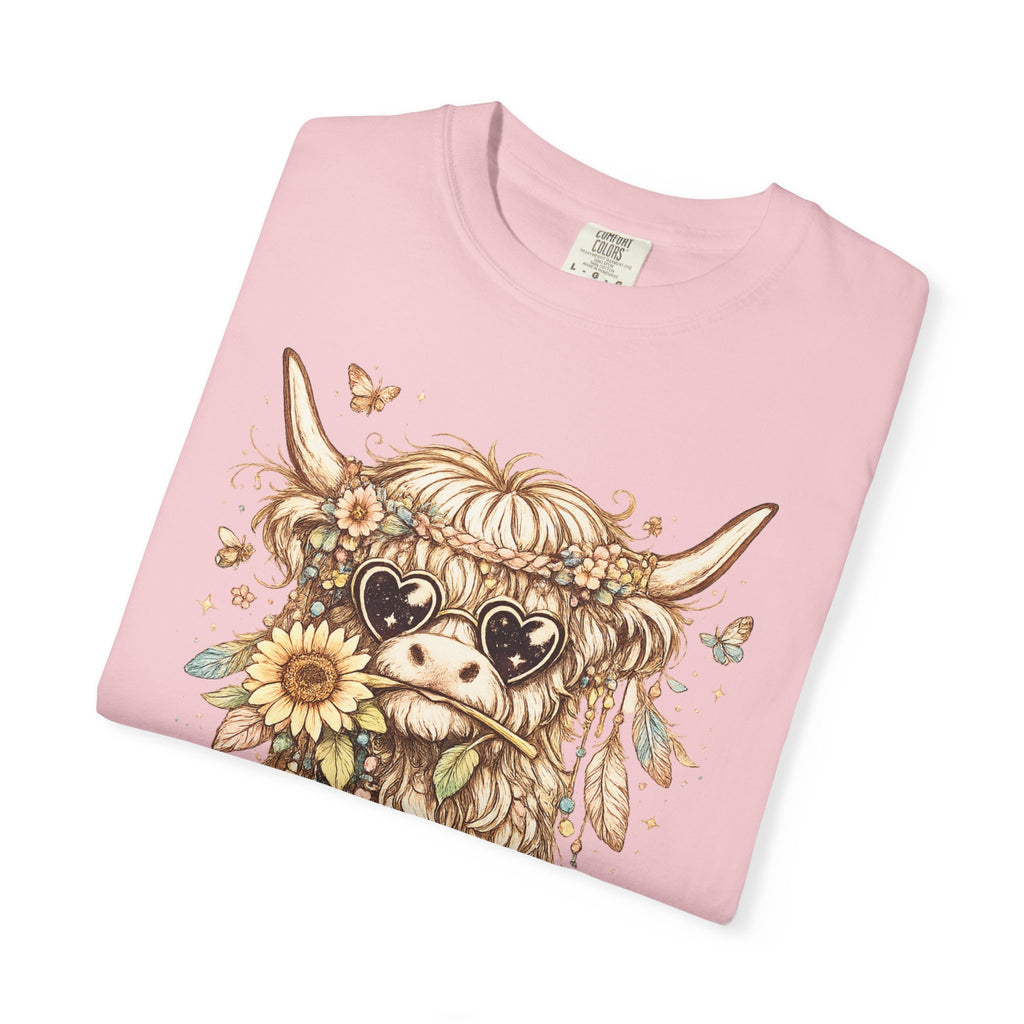 Highland Cow Floral T‑Shirt — Sunflower Boho Highland Cattle Tee