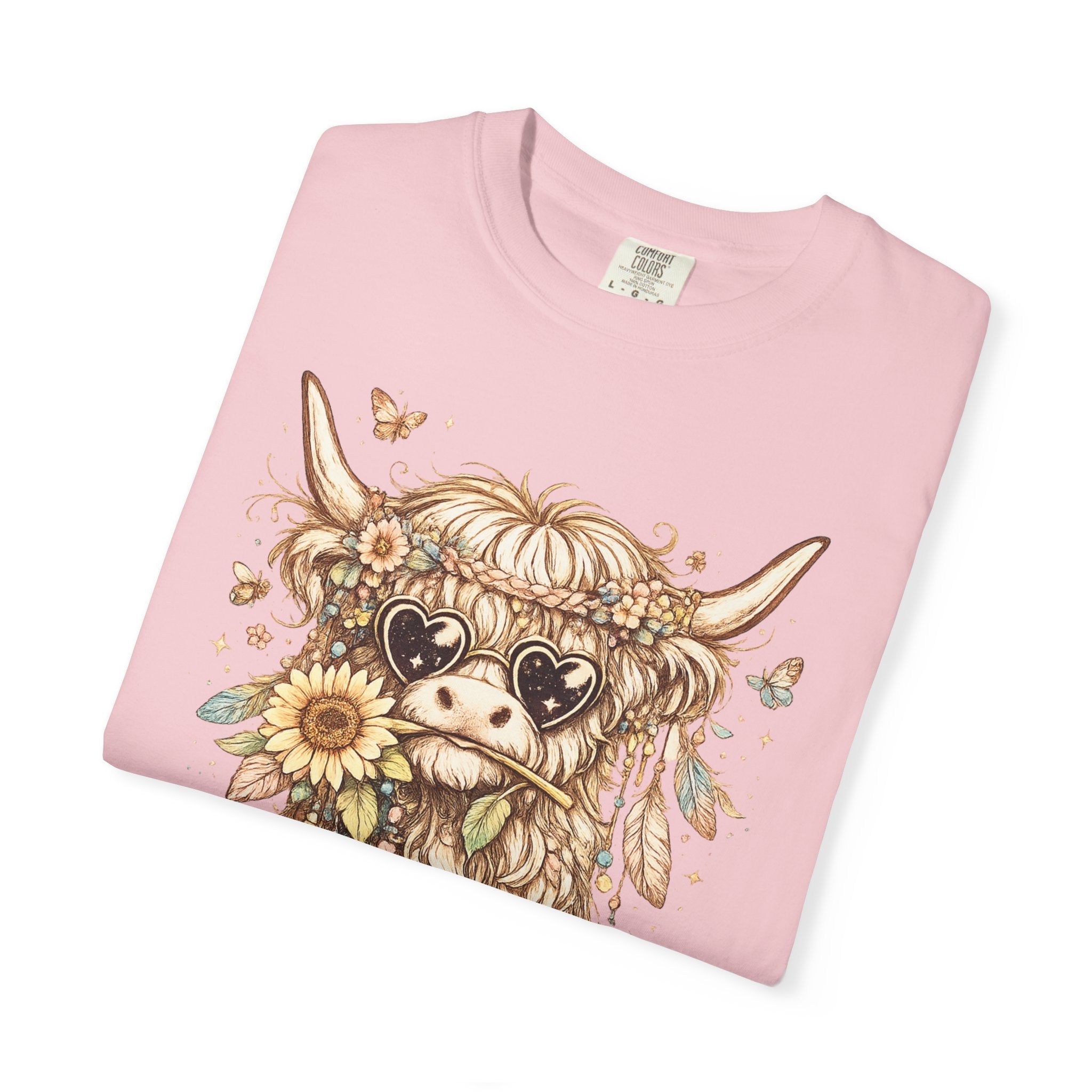 Highland Cow Floral T‑Shirt — Sunflower Boho Highland Cattle Tee
