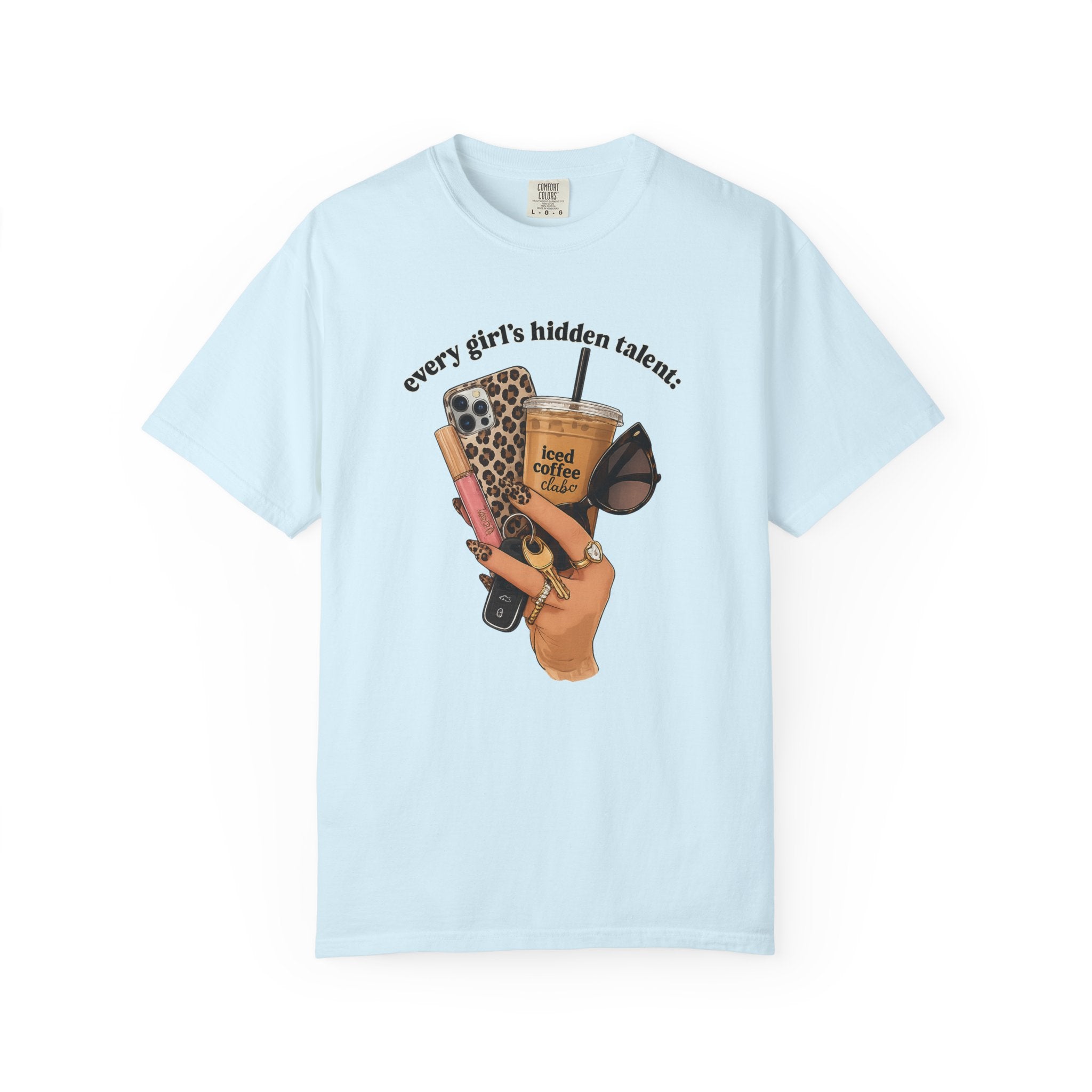 T-Shirt — Every Girl’s Hidden Talents Graphic Tee (coffee, makeup, phone, sunglasses)