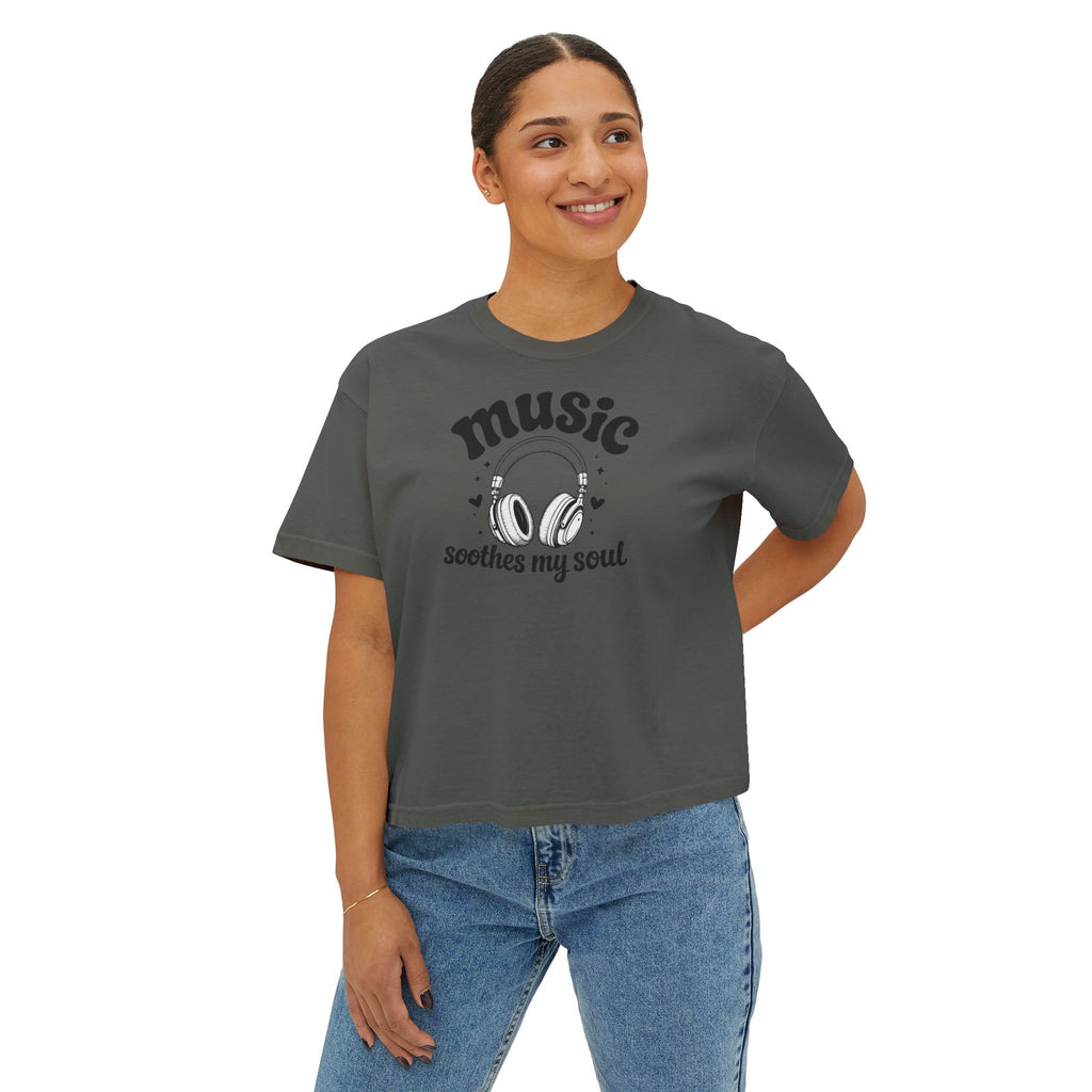 Music Soothes My Soul Boxy Tee — Women's Cropped Graphic T-Shirt with Headphones