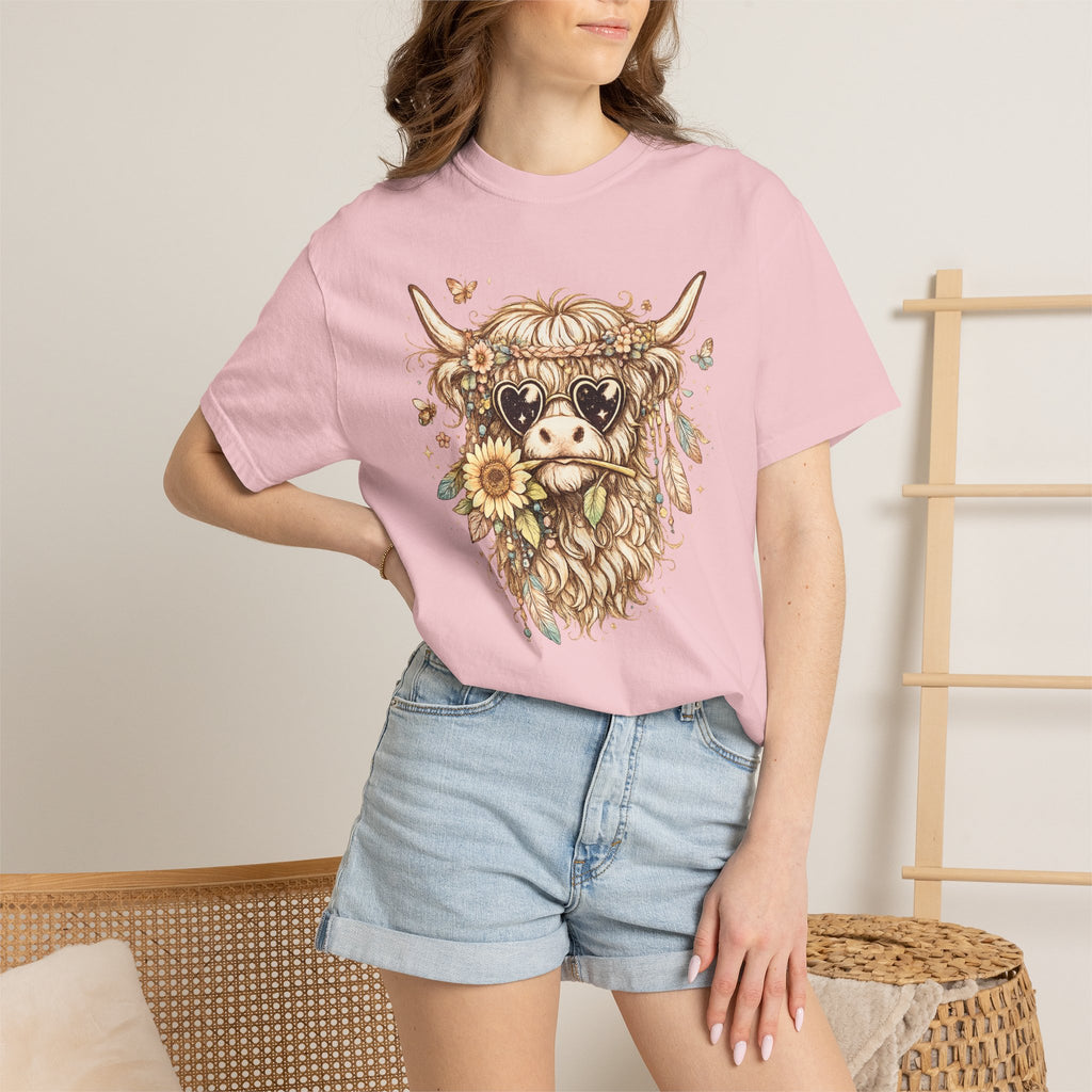 Highland Cow Floral T‑Shirt — Sunflower Boho Highland Cattle Tee
