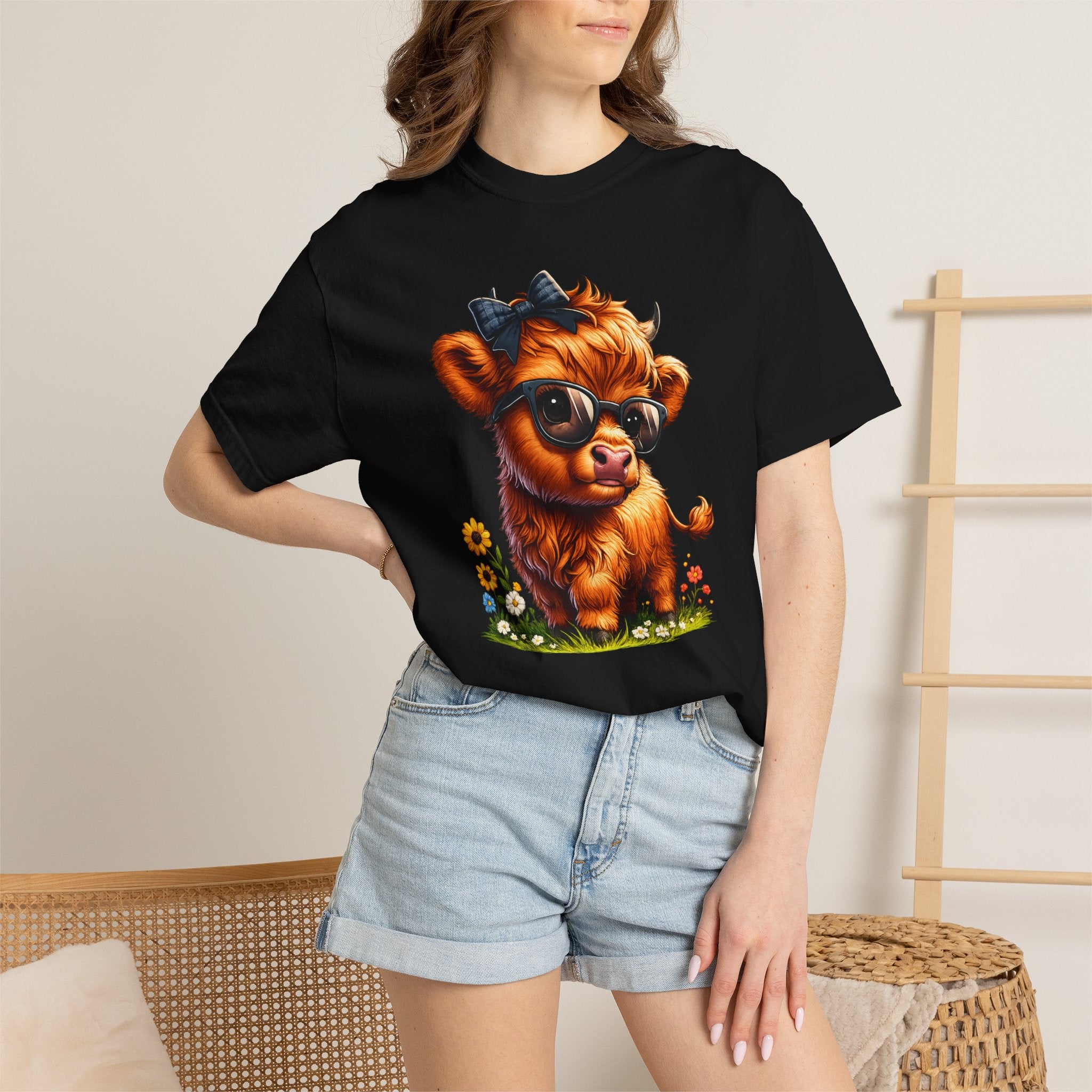 Cute Highland Calf T‑Shirt — Cool Sunglasses Cow with Flowers