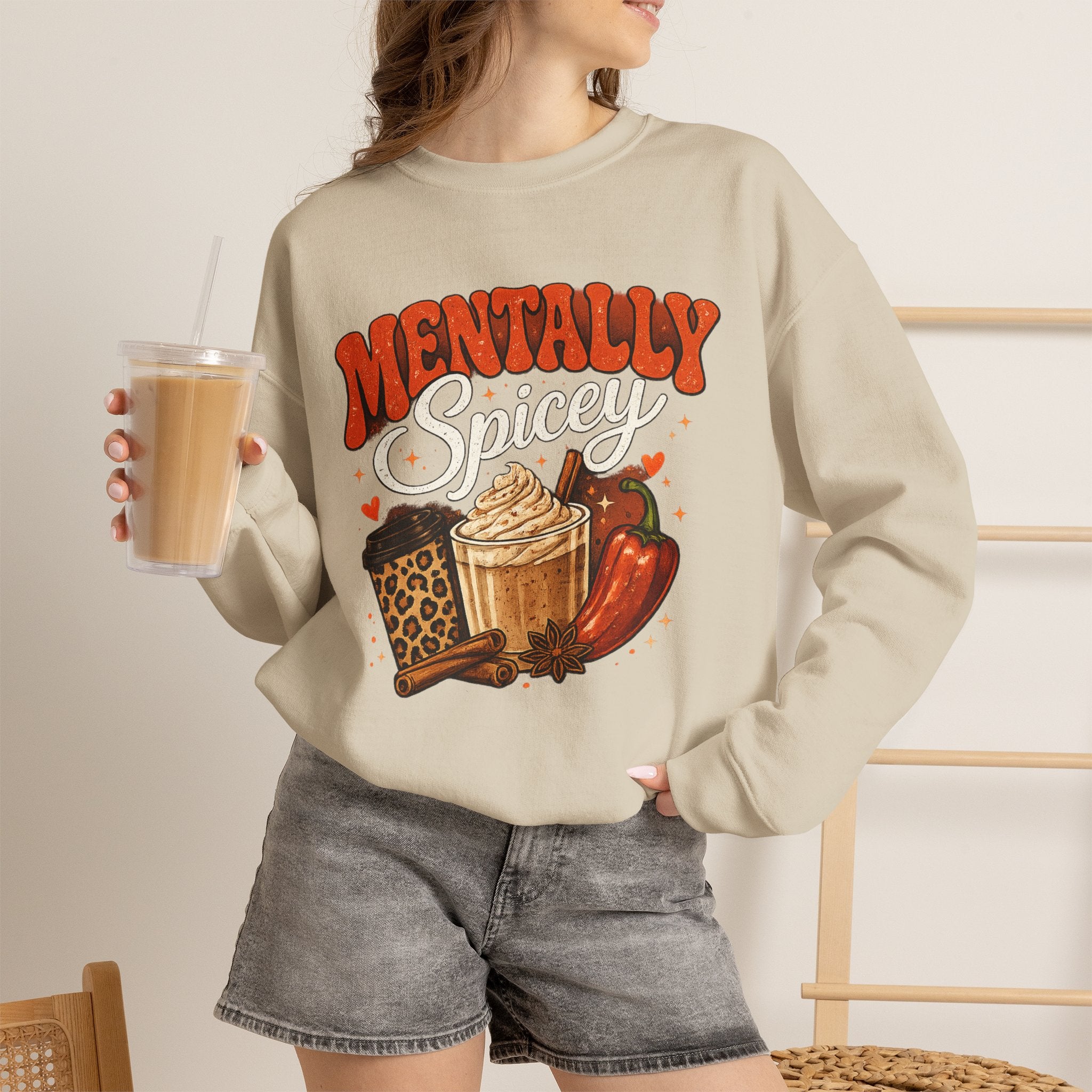 Crewneck Sweatshirt — "Mentally Spicy" Coffee & Chili Graphic