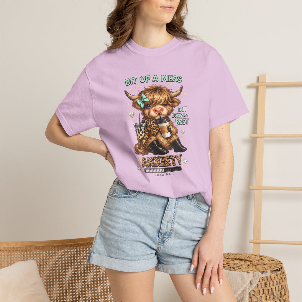 Bit of a Mess Anxiety Cowgirl Graphic T-Shirt — Cute Retro Cow Print Tee for Anxiety Awareness