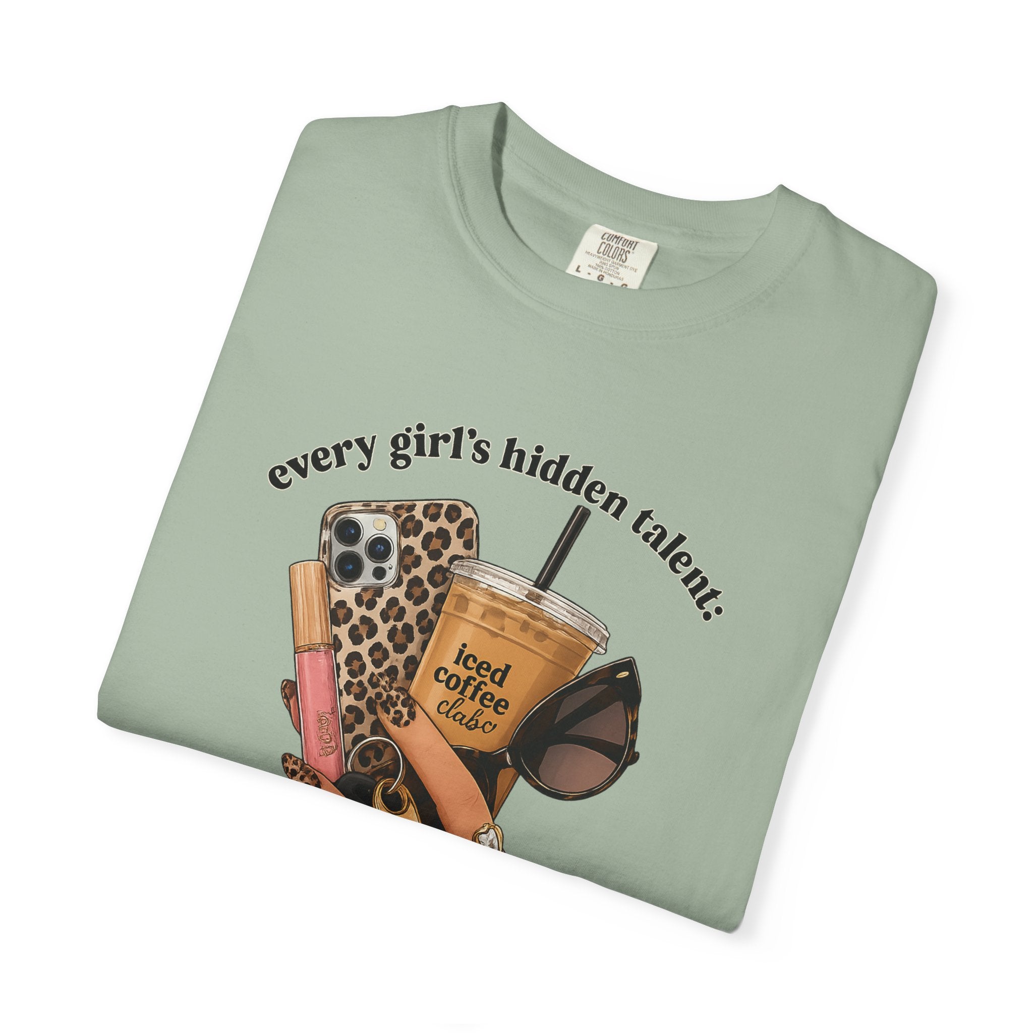 T-Shirt — Every Girl’s Hidden Talents Graphic Tee (coffee, makeup, phone, sunglasses)