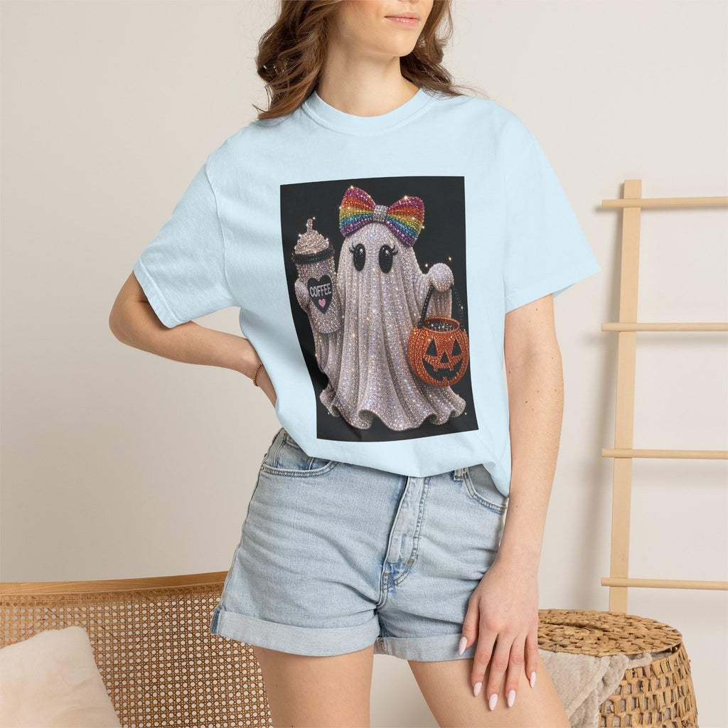 Halloween Ghost T-Shirt — Glitter Ghost with Rainbow Bow, Pumpkin & Coffee