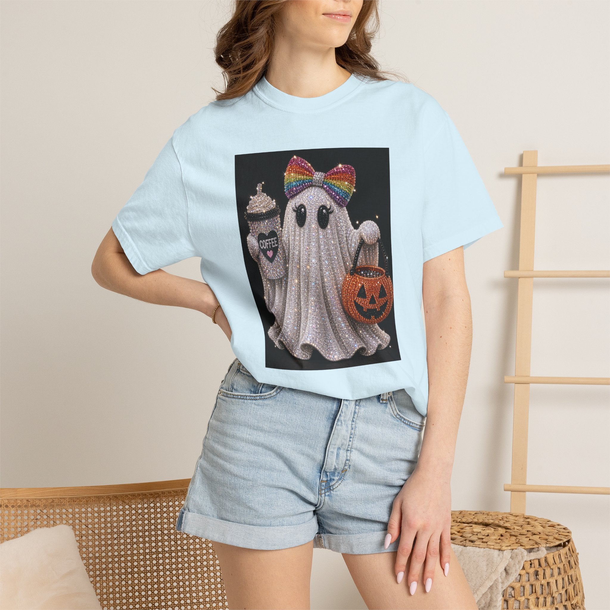Halloween Ghost T-Shirt — Glitter Ghost with Rainbow Bow, Pumpkin & Coffee