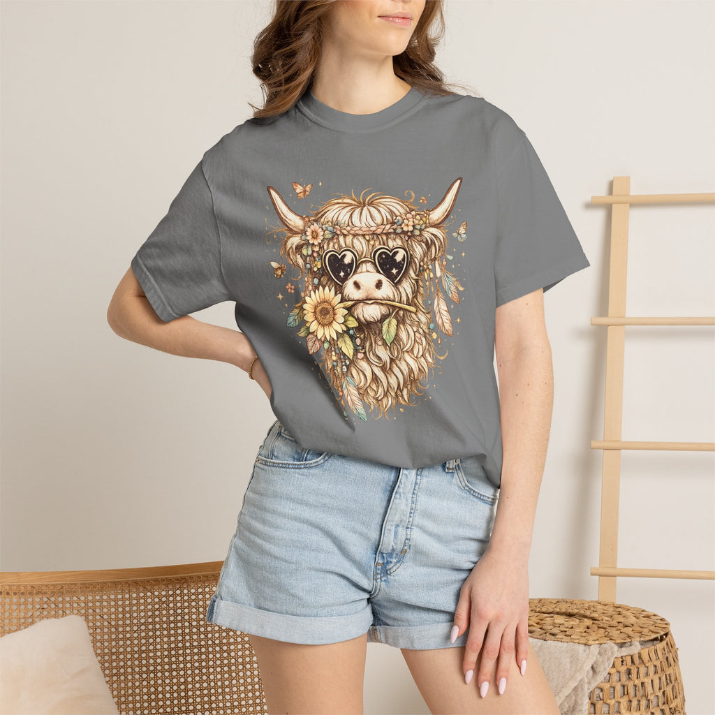Highland Cow Floral T‑Shirt — Sunflower Boho Highland Cattle Tee