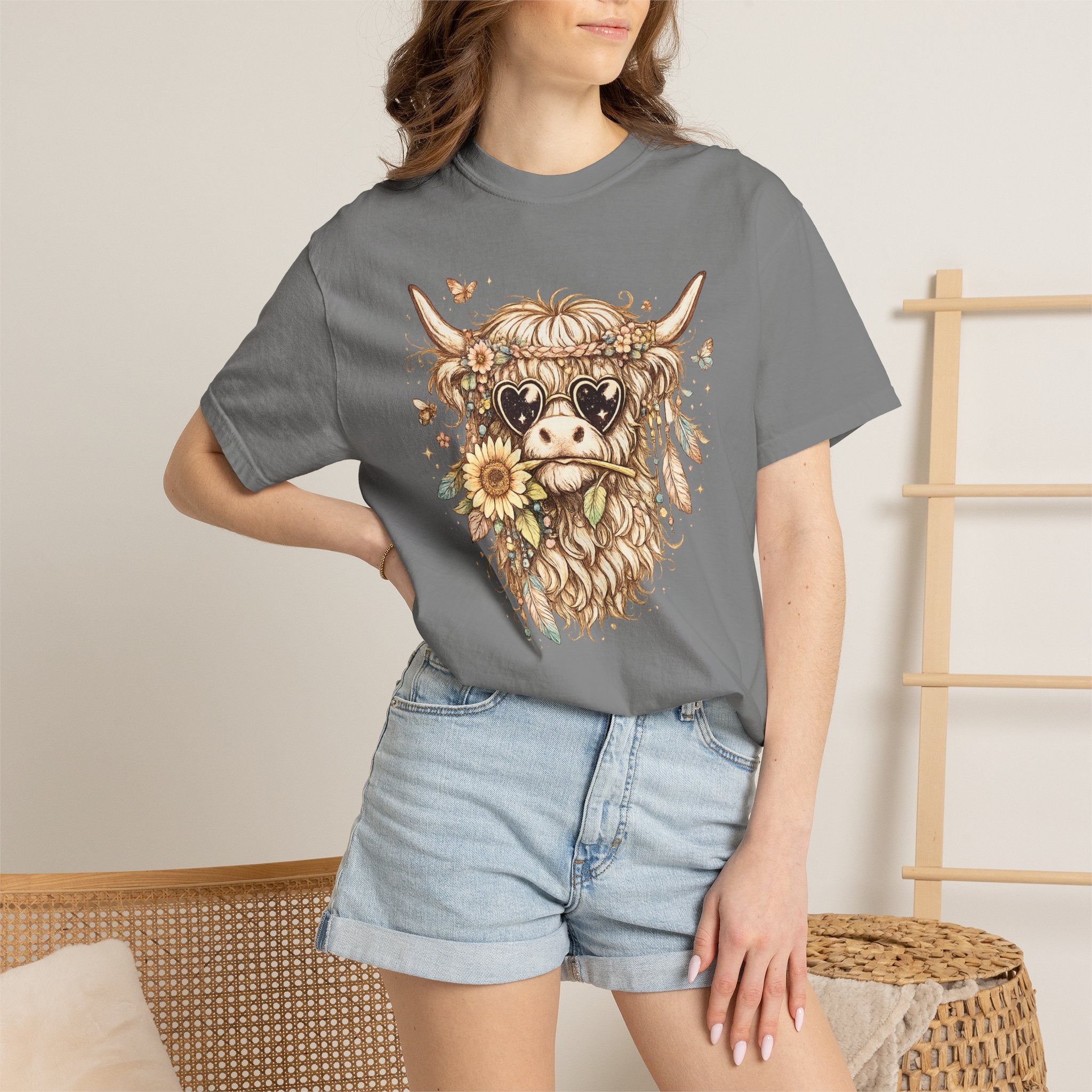 Highland Cow Floral T‑Shirt — Sunflower Boho Highland Cattle Tee