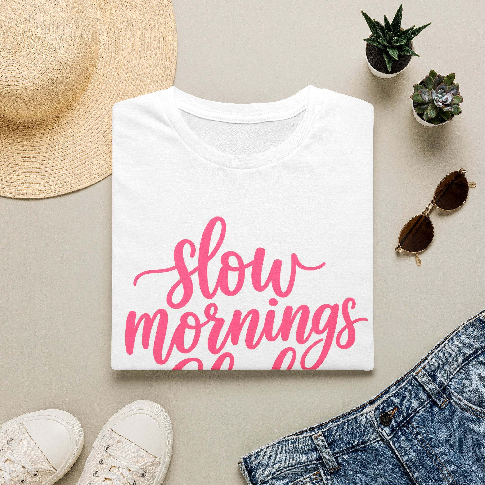 Slow Mornings Club Tee — Relaxed Graphic T-Shirt with Pink Script