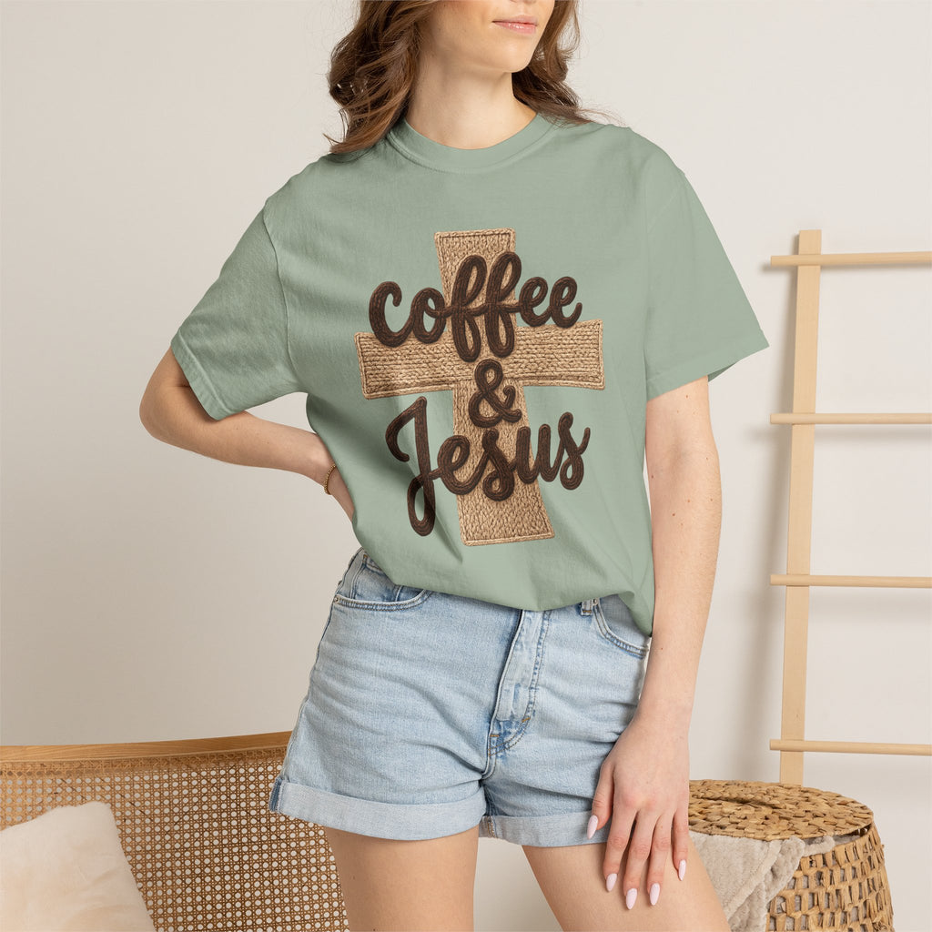 Coffee & Jesus T-Shirt — Christian Faith Graphic Tee with Cross