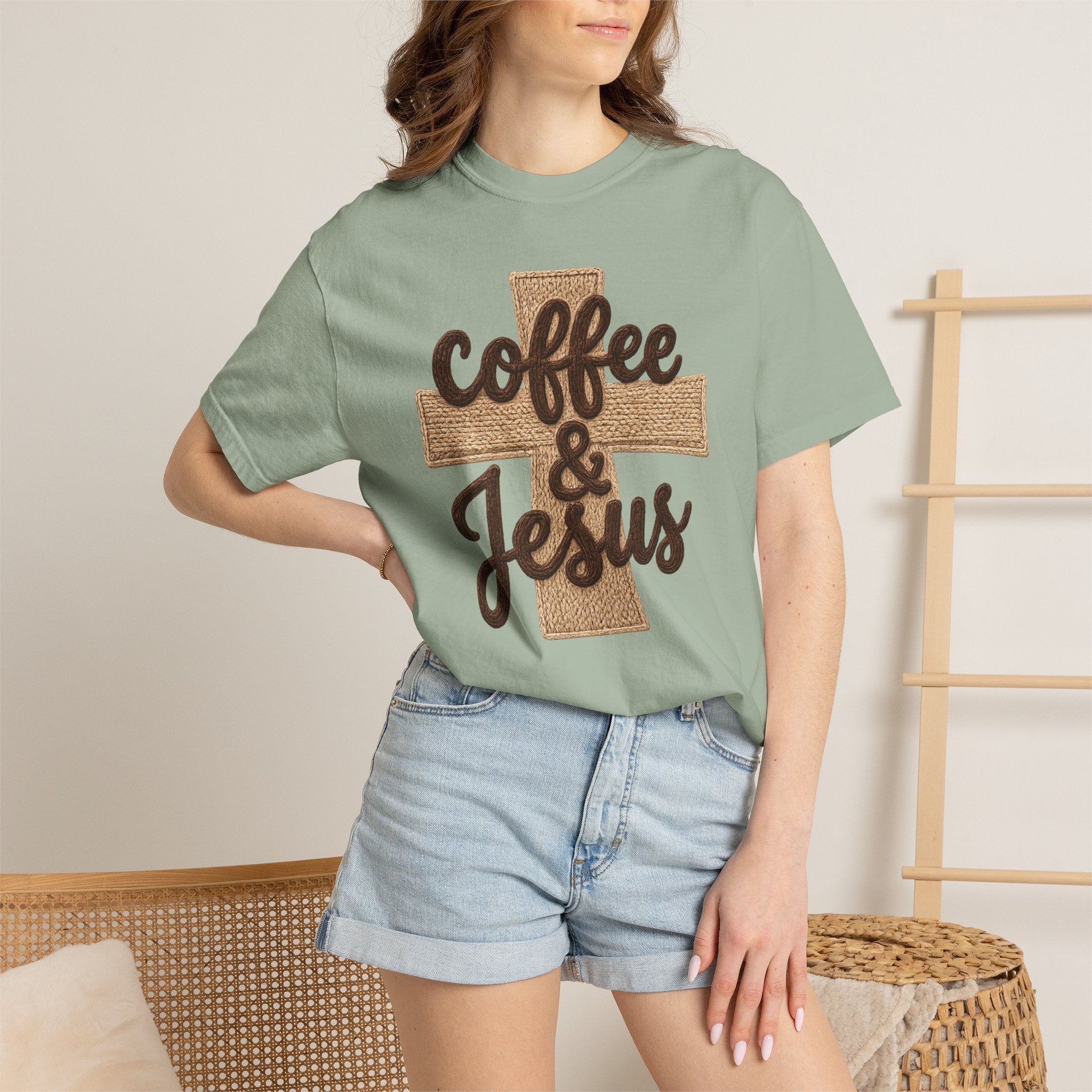 Coffee & Jesus T-Shirt — Christian Faith Graphic Tee with Cross