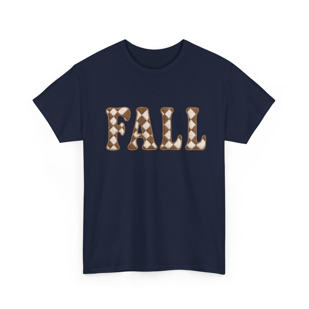 Fall Pumpkin Pattern T-Shirt — Cozy Autumn Tee with 'FALL' Lettering