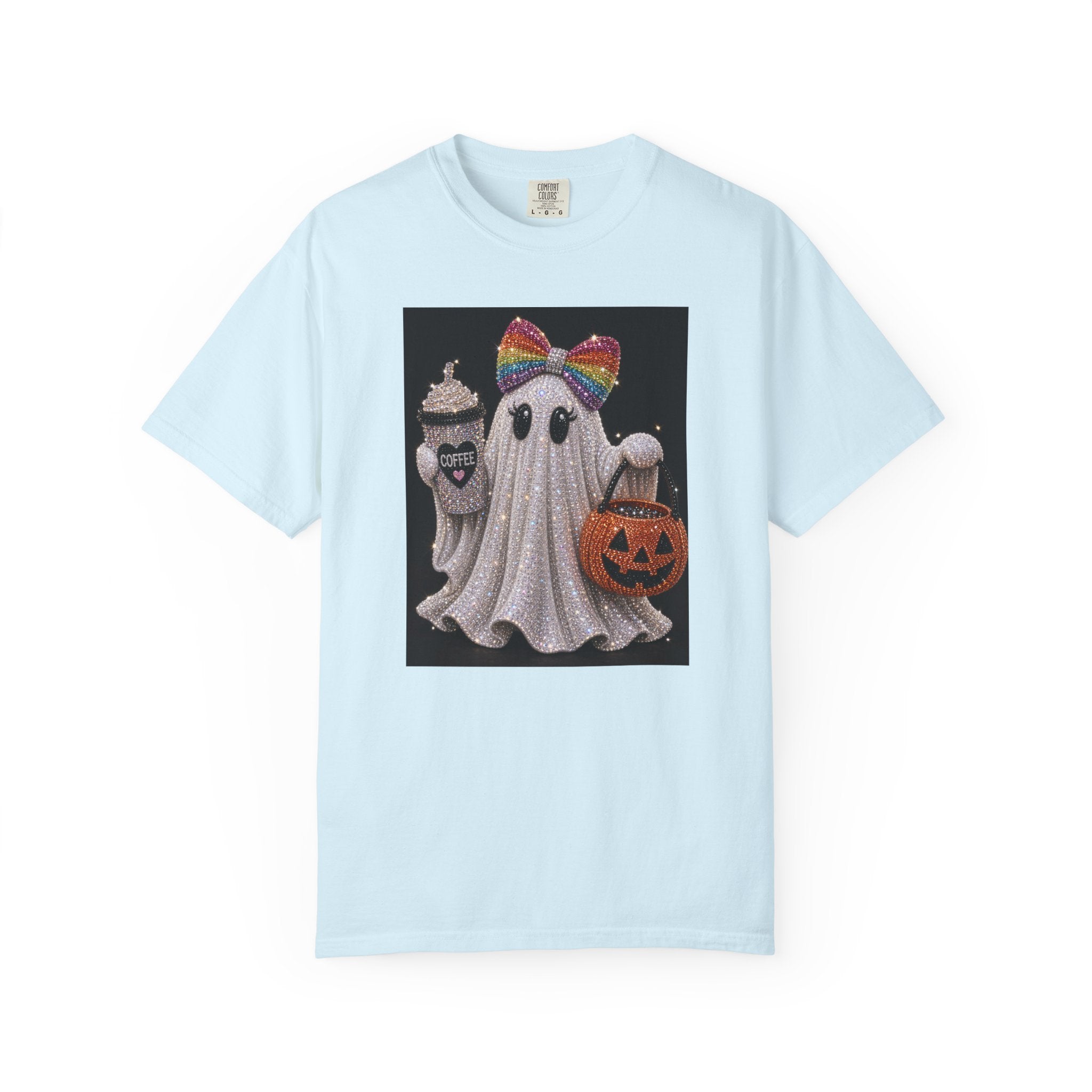 Halloween Ghost T-Shirt — Glitter Ghost with Rainbow Bow, Pumpkin & Coffee