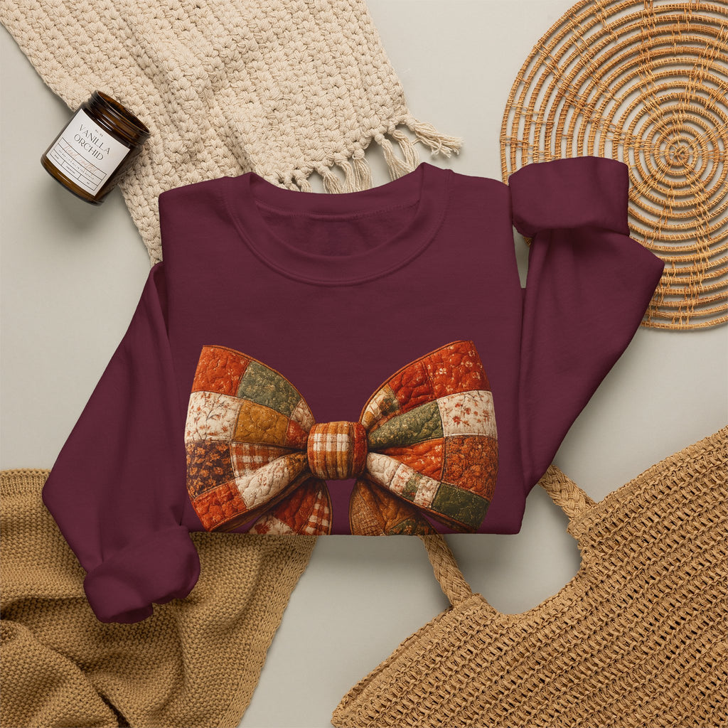 Patchwork Bow Sweatshirt — Cozy Autumn Plaid Crewneck