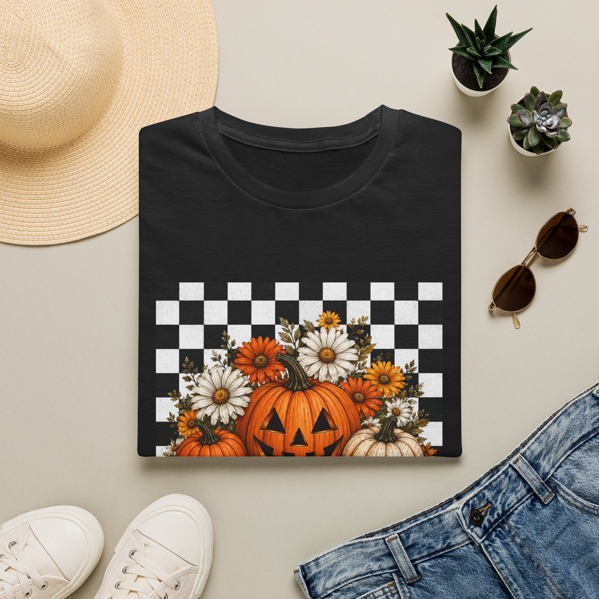 Halloween Pumpkin Floral T-Shirt — Checkerboard Jack-O'-Lantern Design