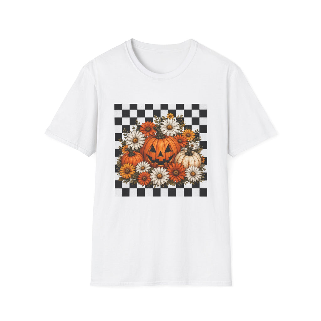 Halloween Pumpkin Floral T-Shirt — Checkerboard Jack-O'-Lantern Design