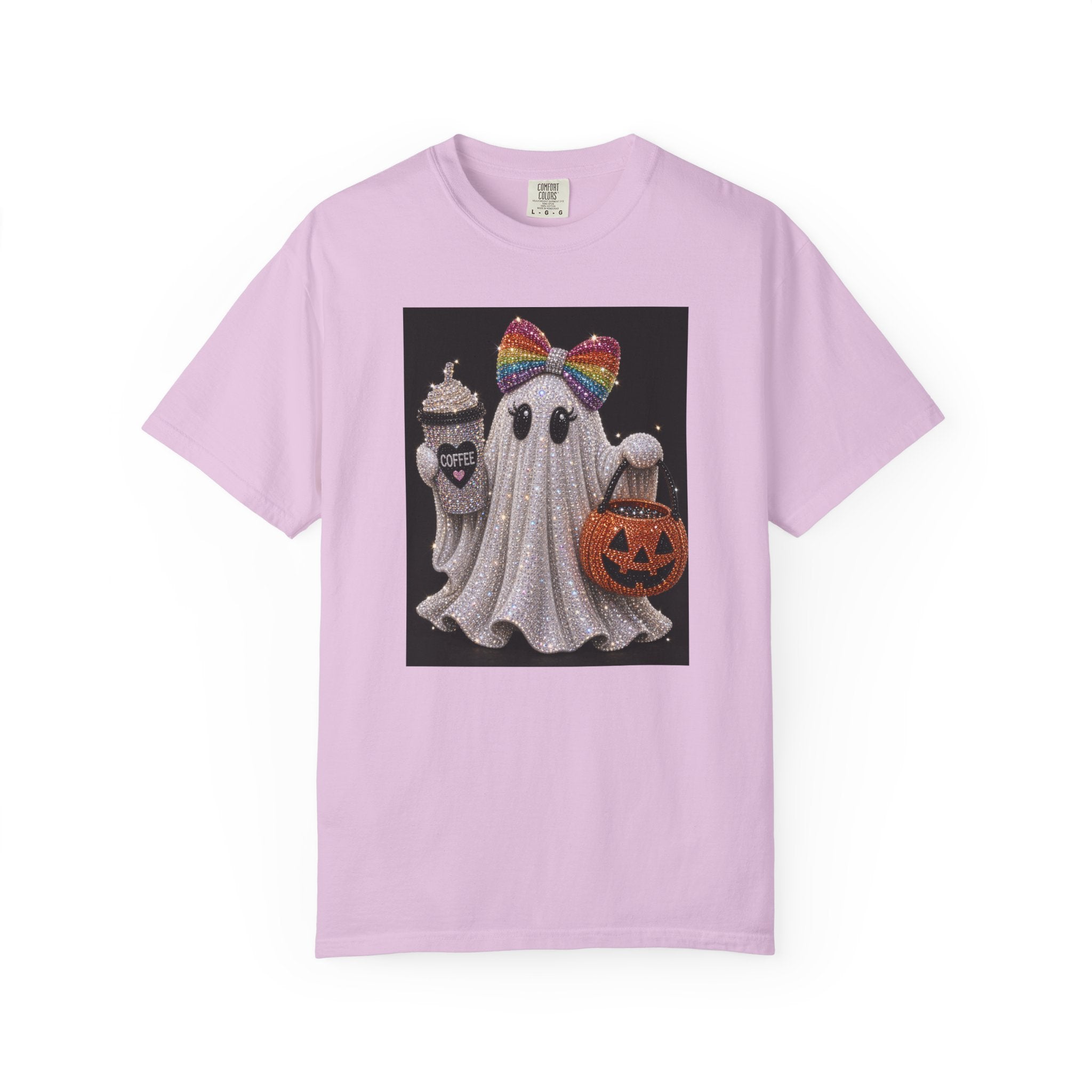 Halloween Ghost T-Shirt — Glitter Ghost with Rainbow Bow, Pumpkin & Coffee