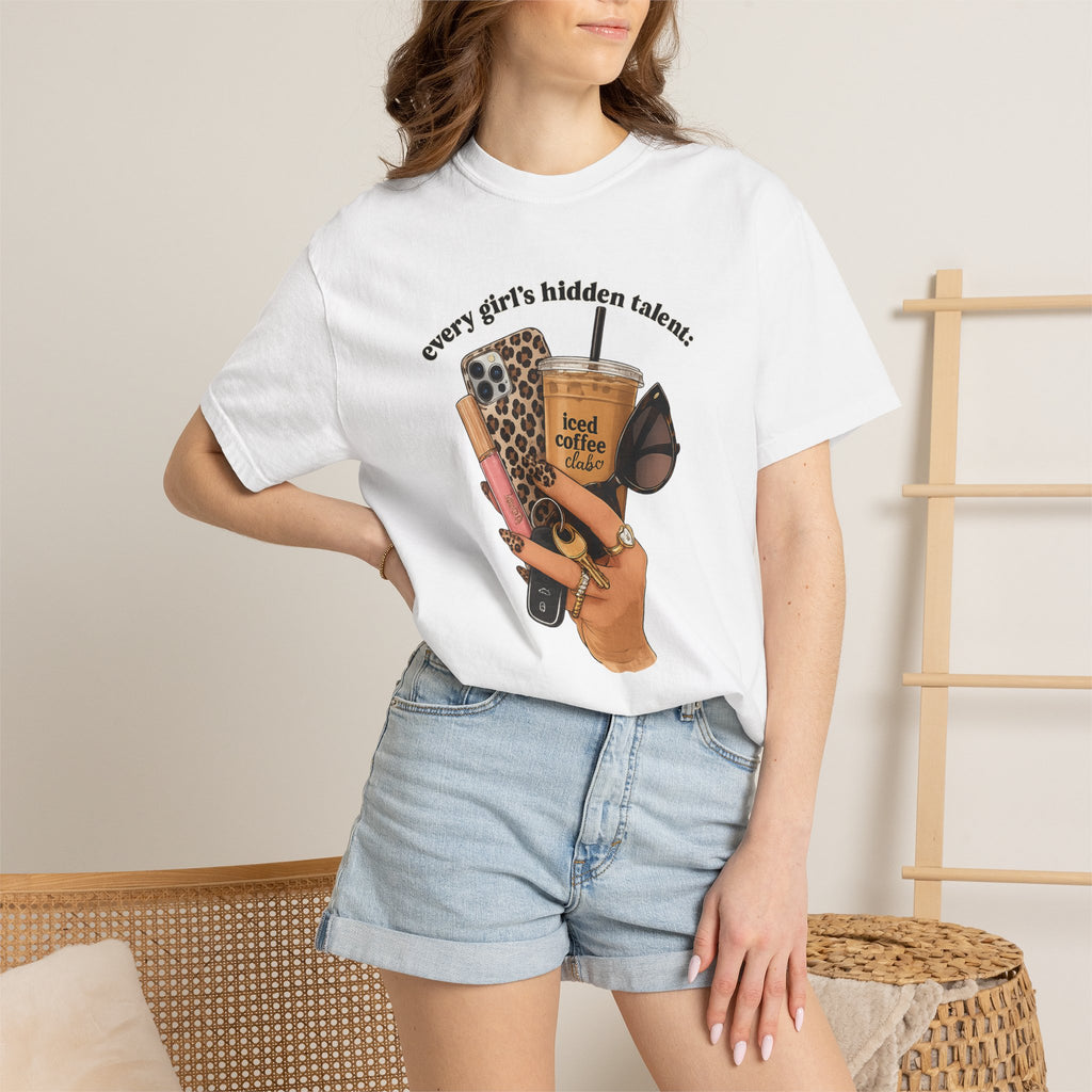 T-Shirt — Every Girl’s Hidden Talents Graphic Tee (coffee, makeup, phone, sunglasses)