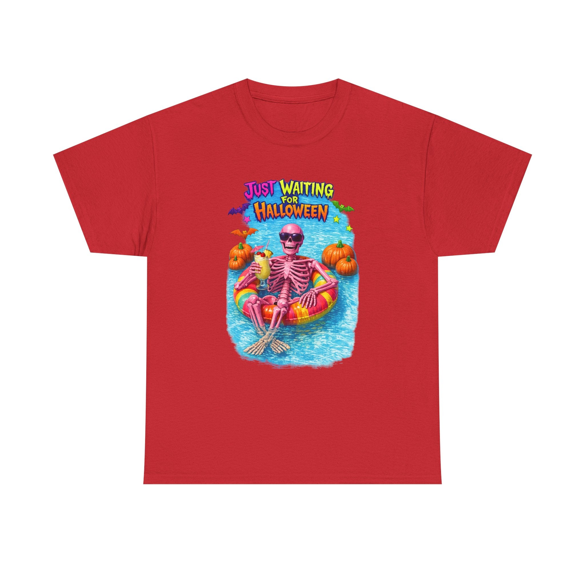 Halloween Skeleton Tee — "Just Waiting for Halloween" Pool Float Graphic T-Shirt