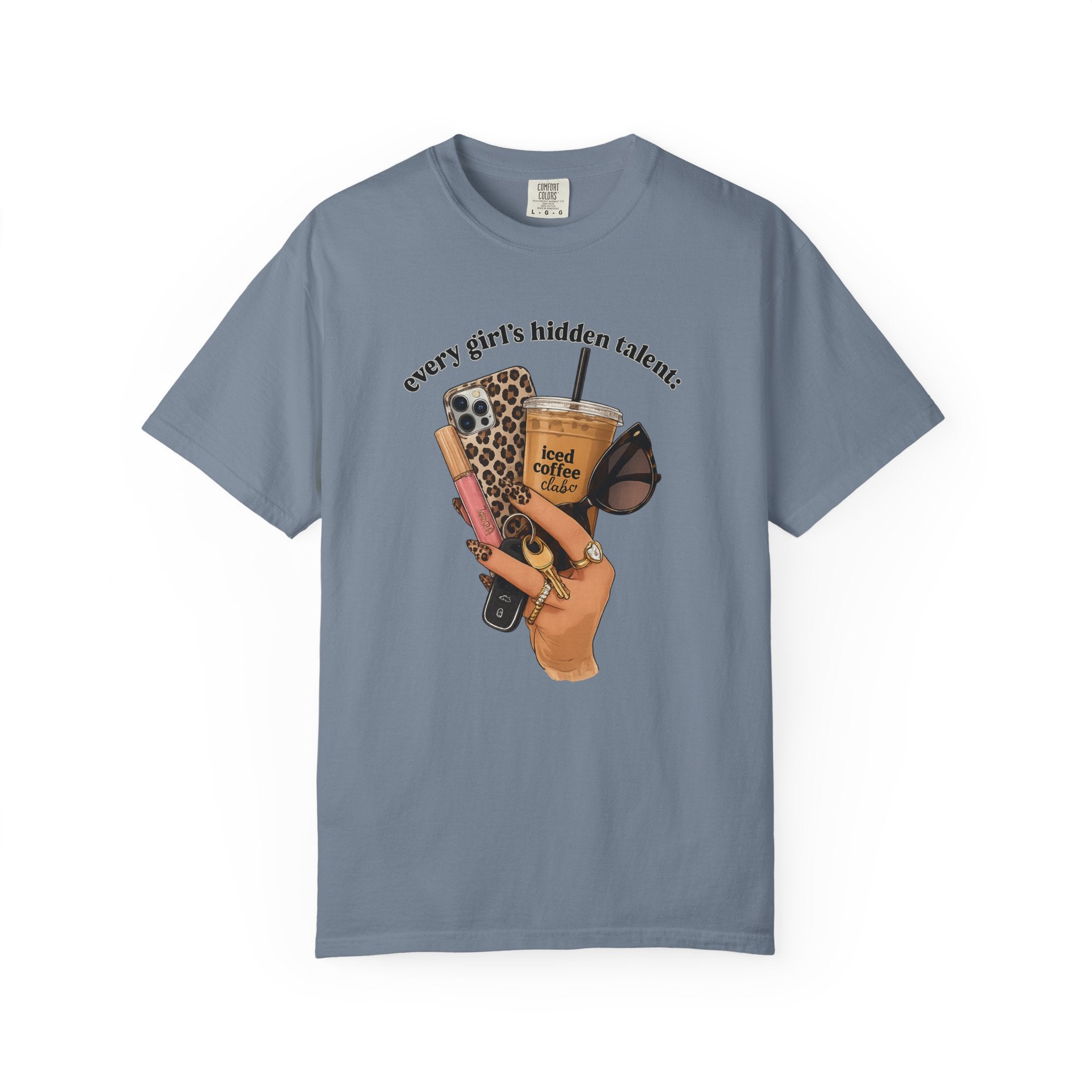 T-Shirt — Every Girl’s Hidden Talents Graphic Tee (coffee, makeup, phone, sunglasses)