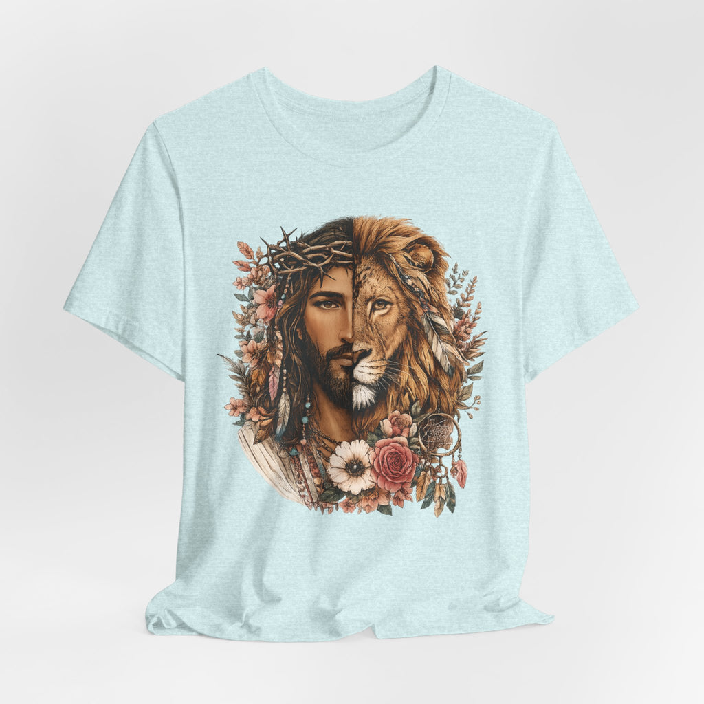 Lion and Woman Floral Portrait Tee — Spiritual Boho Graphic T-Shirt