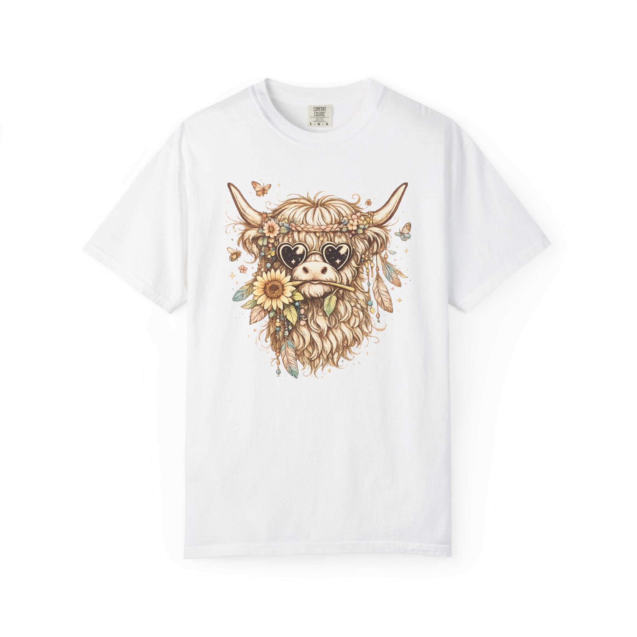 Highland Cow Floral T‑Shirt — Sunflower Boho Highland Cattle Tee
