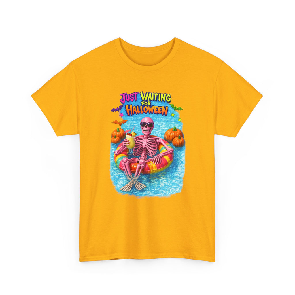 Halloween Skeleton Tee — "Just Waiting for Halloween" Pool Float Graphic T-Shirt