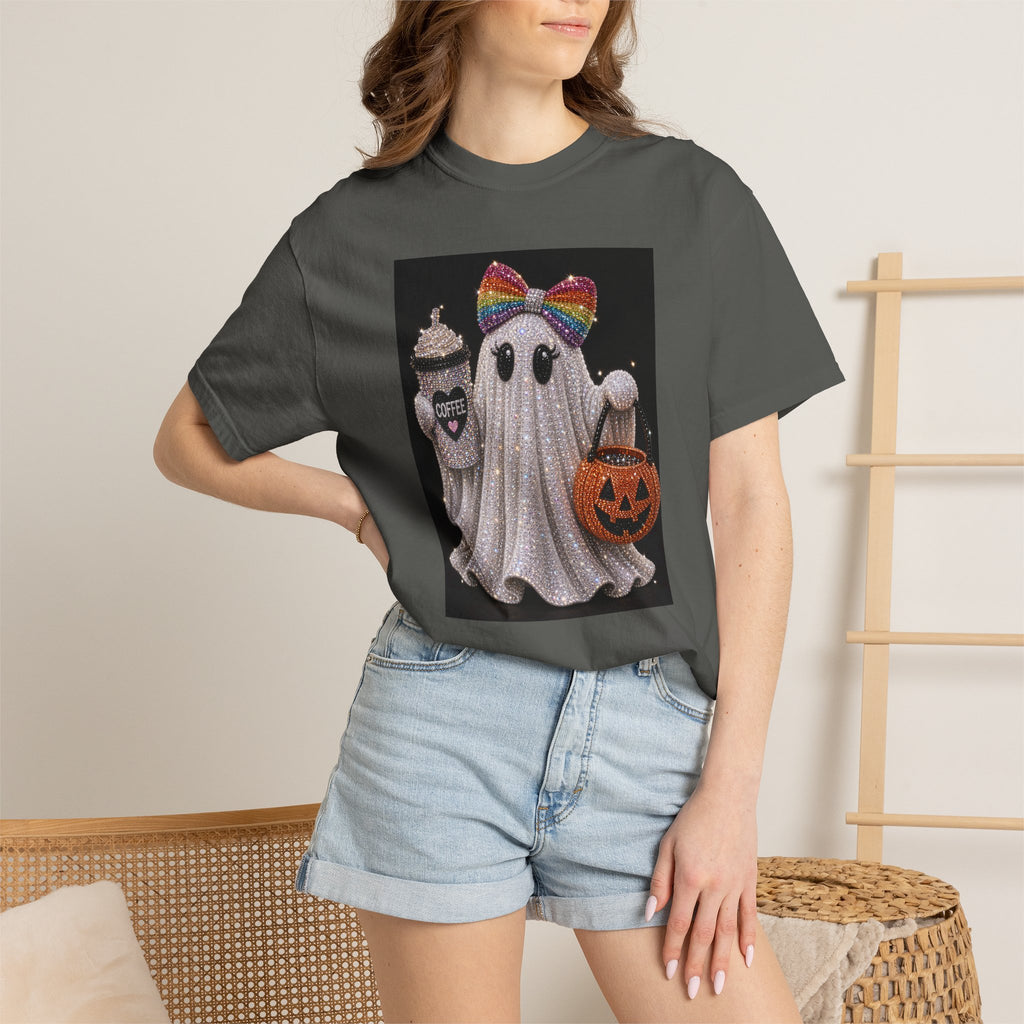 Halloween Ghost T-Shirt — Glitter Ghost with Rainbow Bow, Pumpkin & Coffee