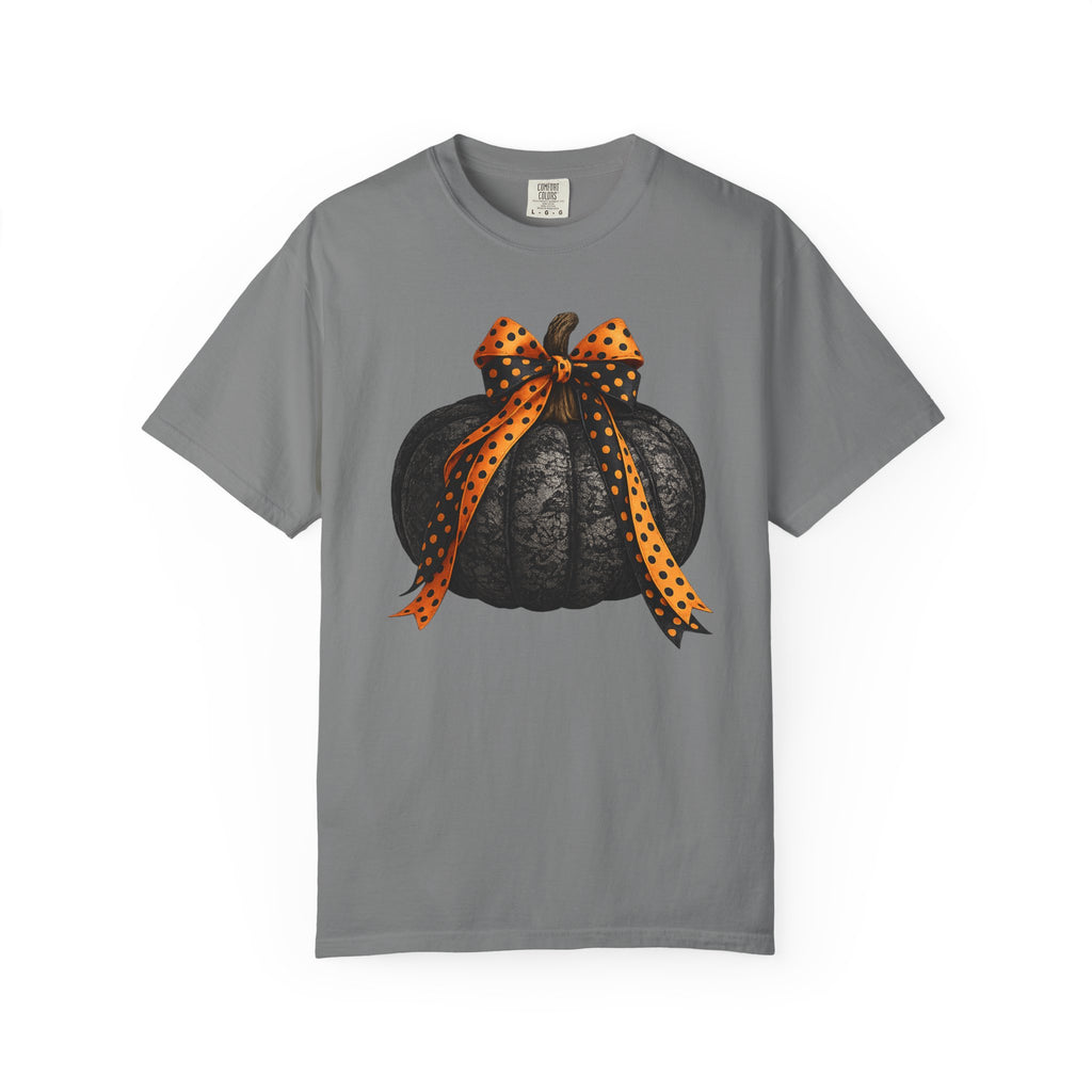 Halloween Black Pumpkin T‑Shirt with Polka Dot Bow
