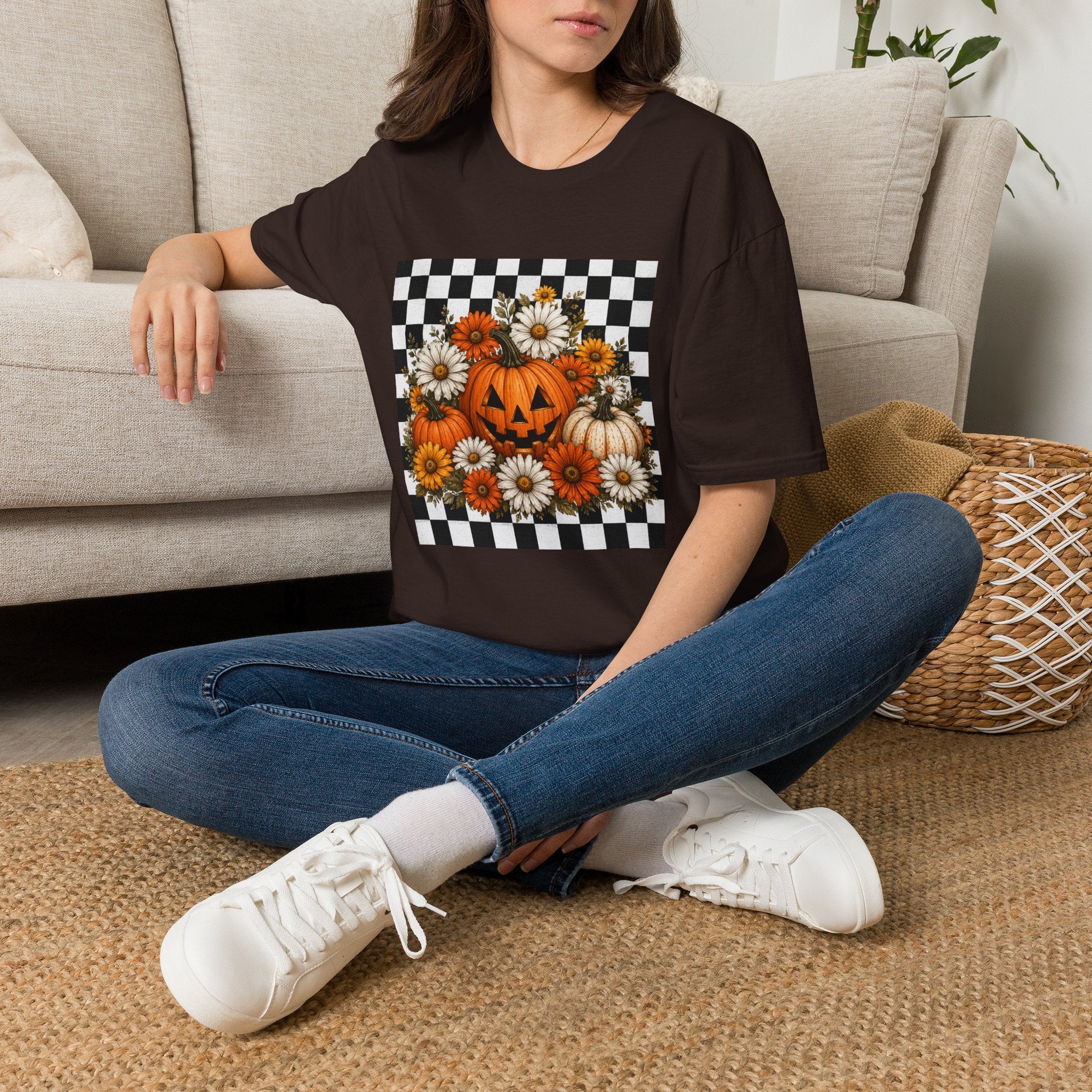 Halloween Pumpkin Floral T-Shirt — Checkerboard Jack-O'-Lantern Design