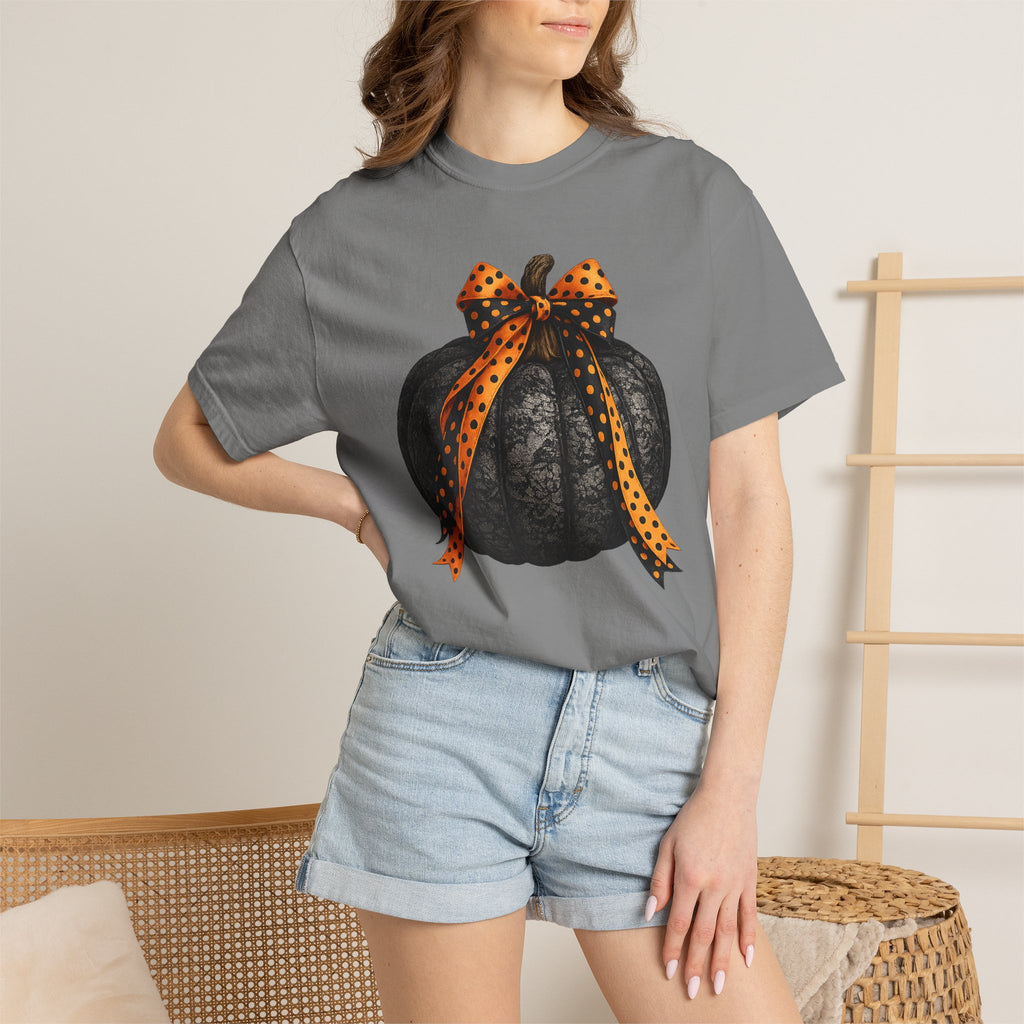 Halloween Black Pumpkin T‑Shirt with Polka Dot Bow