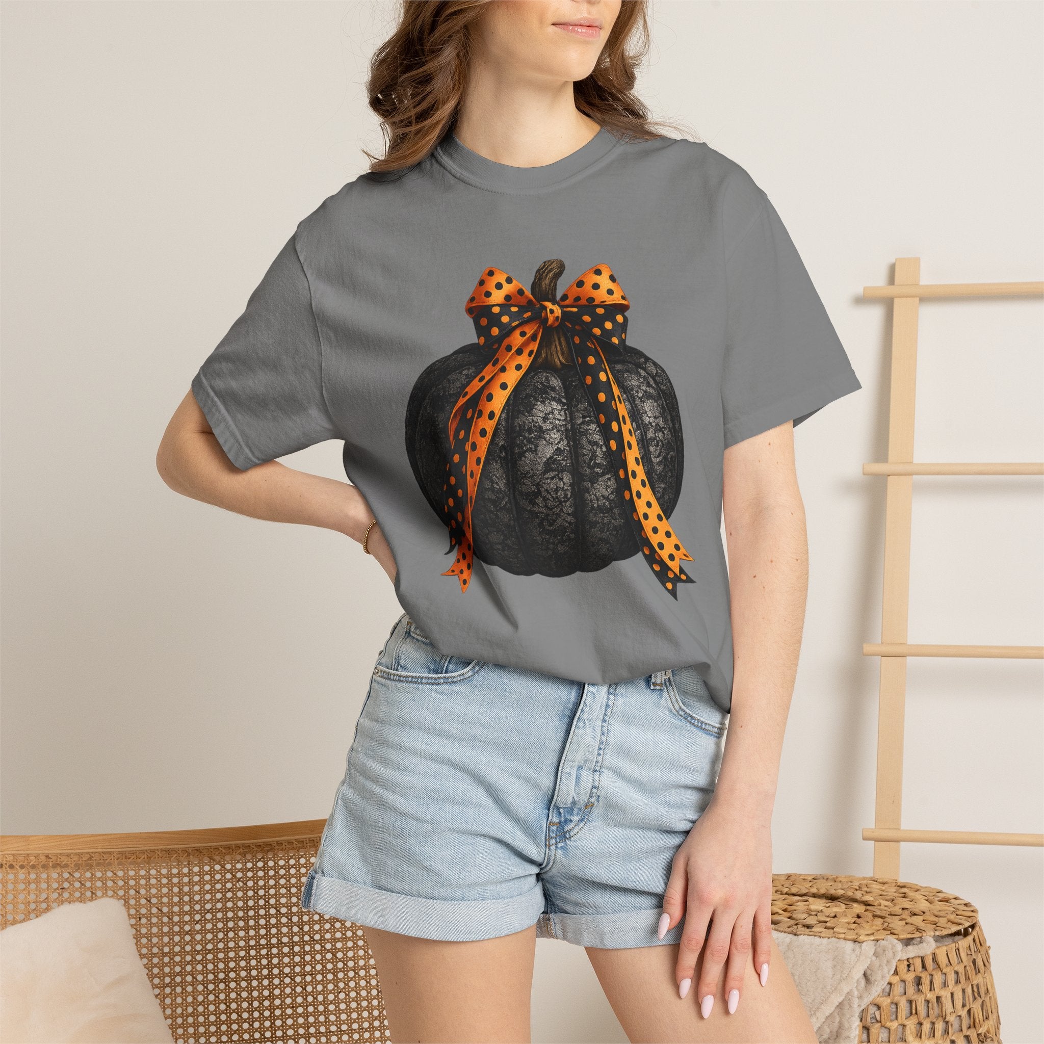 Halloween Black Pumpkin T‑Shirt with Polka Dot Bow