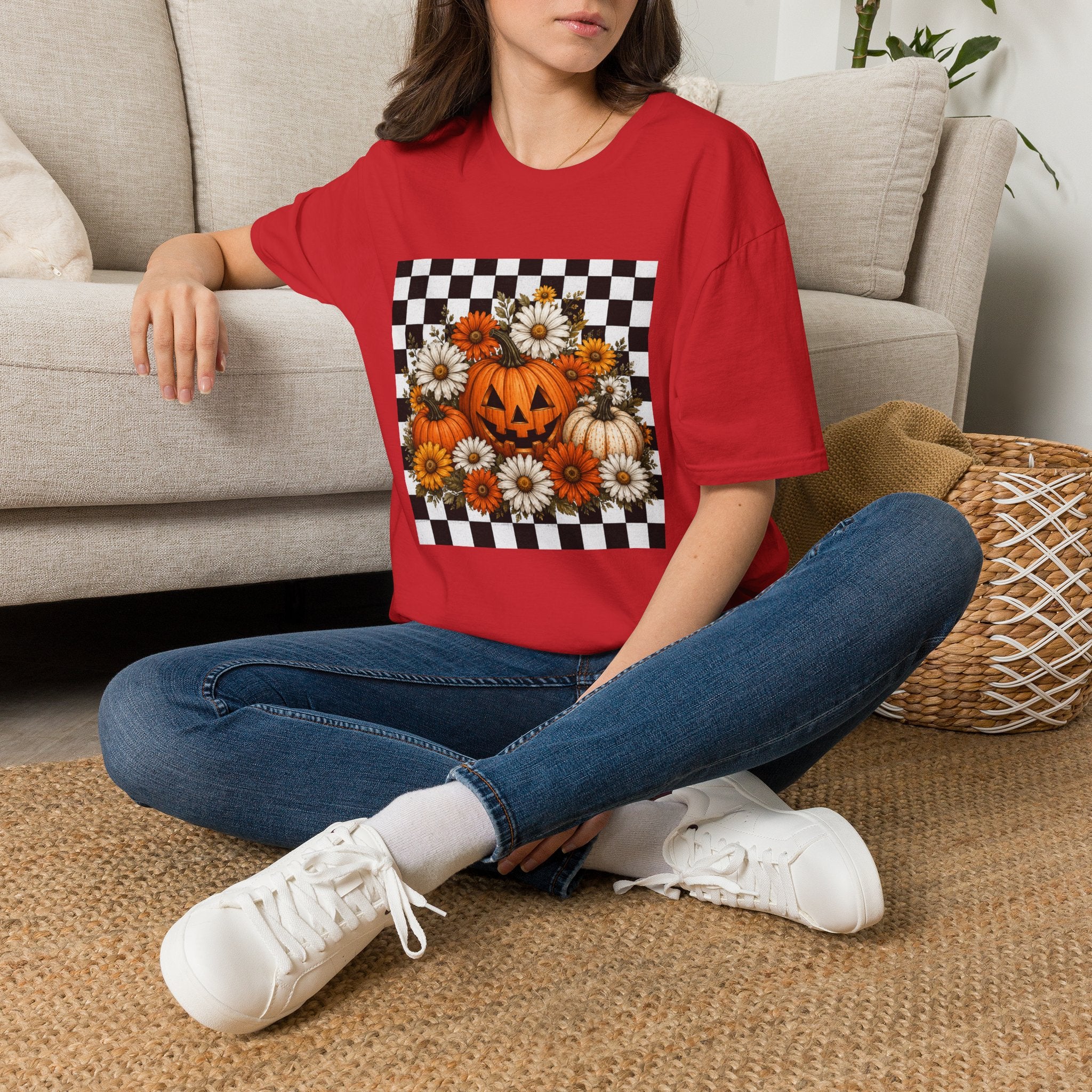 Halloween Pumpkin Floral T-Shirt — Checkerboard Jack-O'-Lantern Design