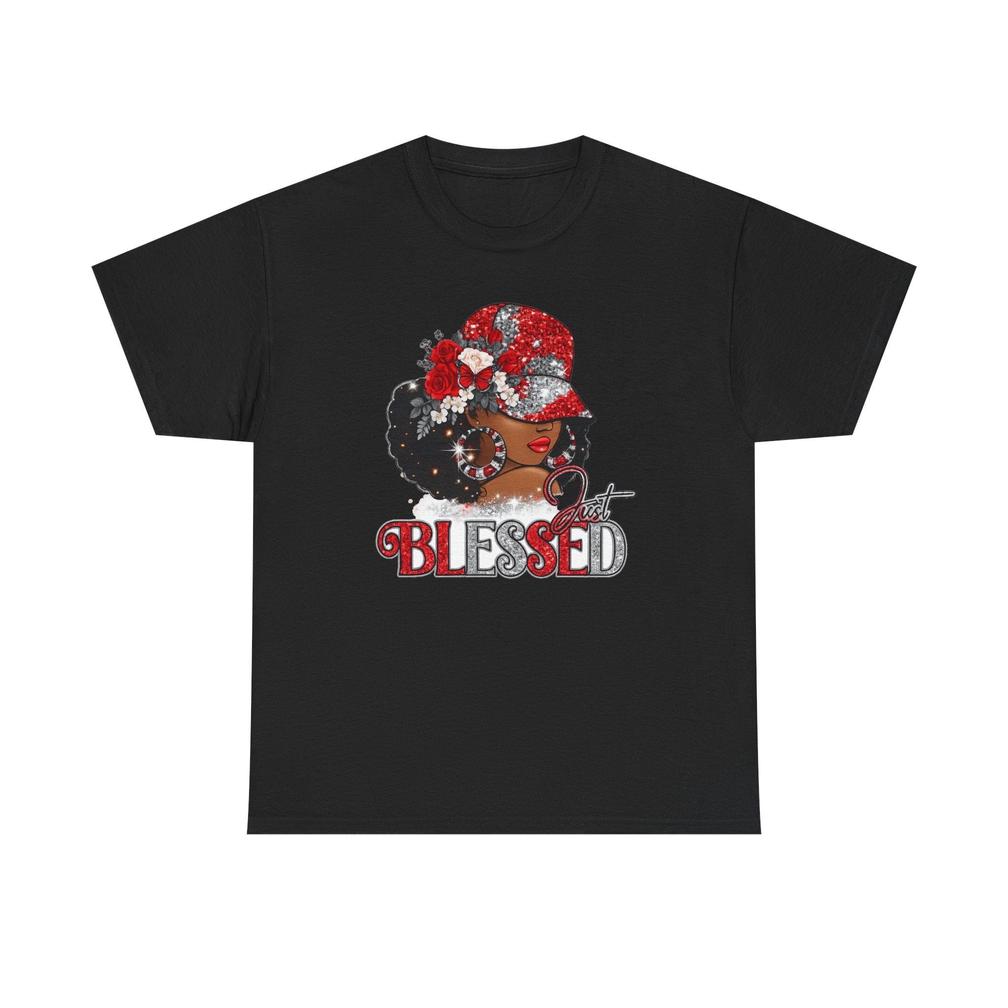 Blessed Afro Woman Graphic Tee — "BLESSED" Floral Headwrap Cotton T‑Shirt