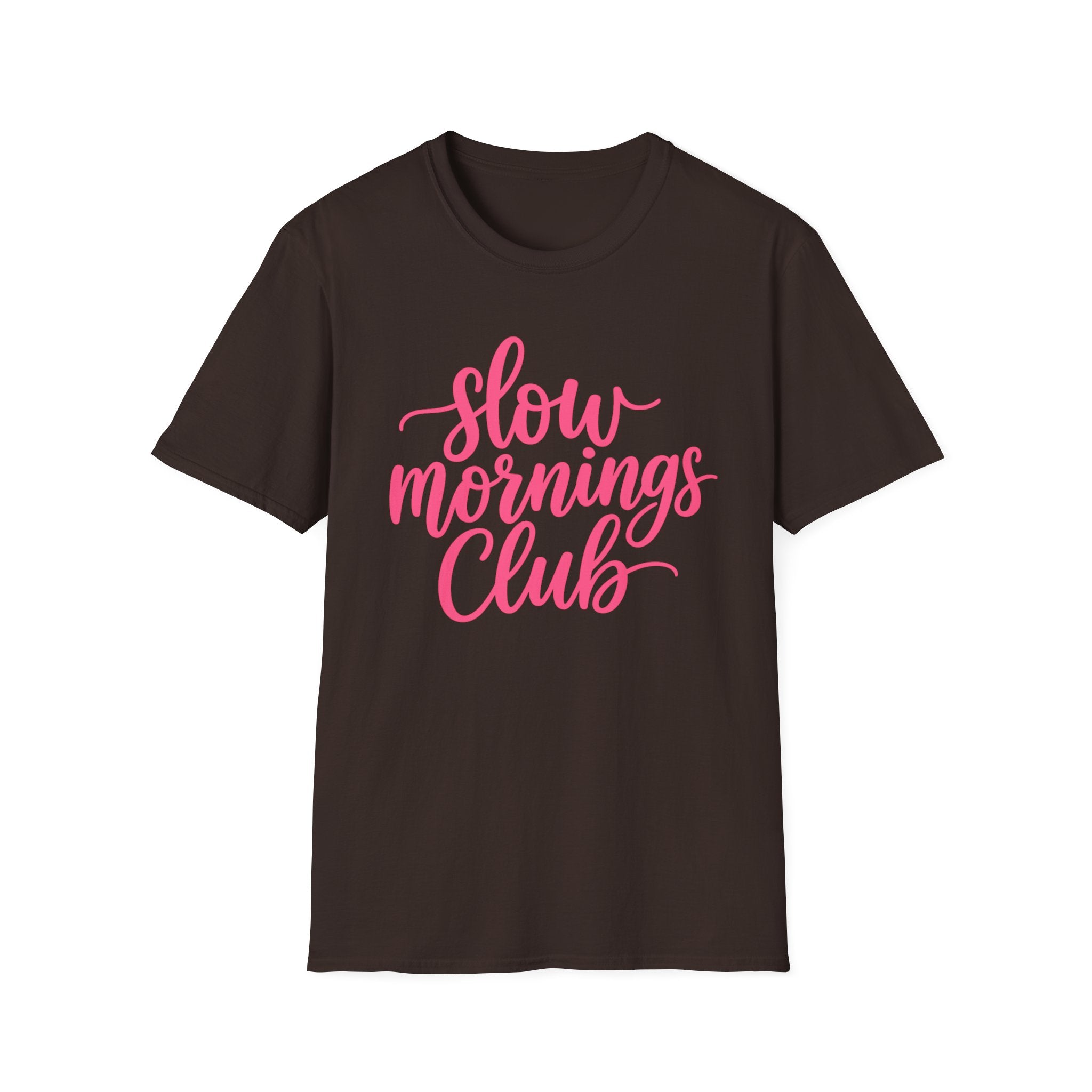 Slow Mornings Club Tee — Relaxed Graphic T-Shirt with Pink Script